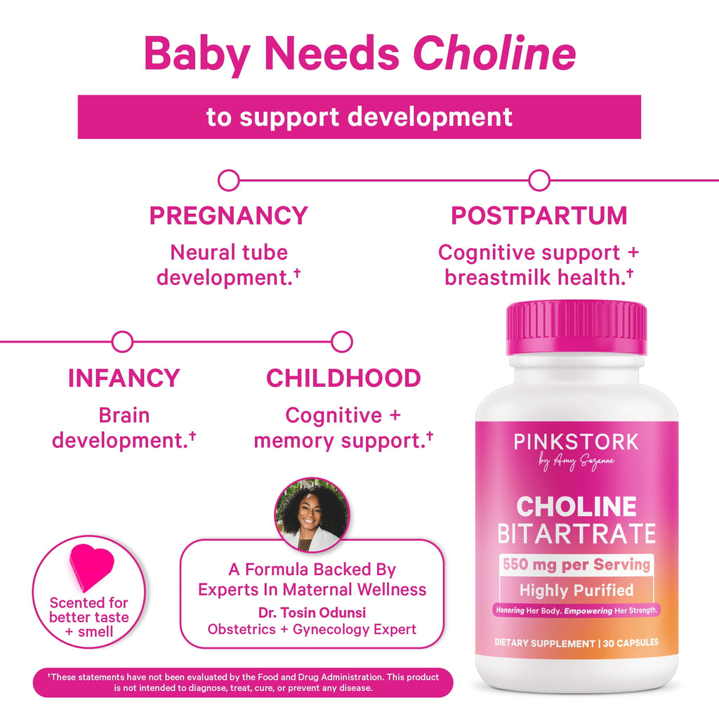 Pink Stork Choline Bitartrate Capsule - 550 mg, Supplement Pregnancy, Prenatal Vitamin, 30 Count