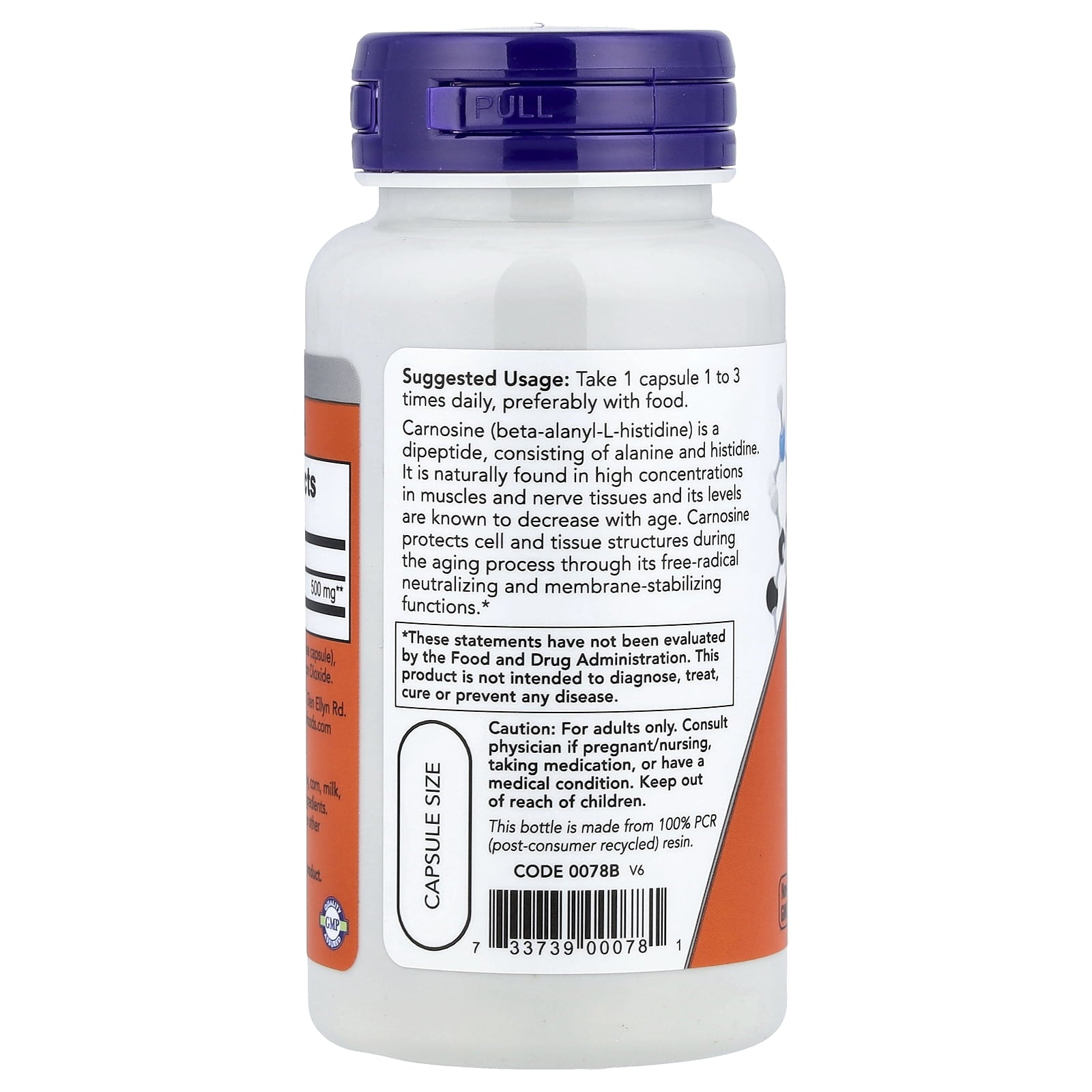 L-Carnosine, 500 mg, 50 Veg Capsules, NOW Foods