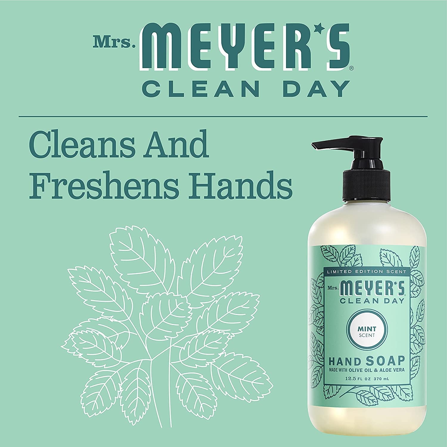 Mrs. Meyer's Clean Day Liquid Hand Soap, Cruelty Free and Biodegradable Hand Wash Formula Made with Essential Oils, Mint Scent, 12.5 oz Bottle (Pack of 6)