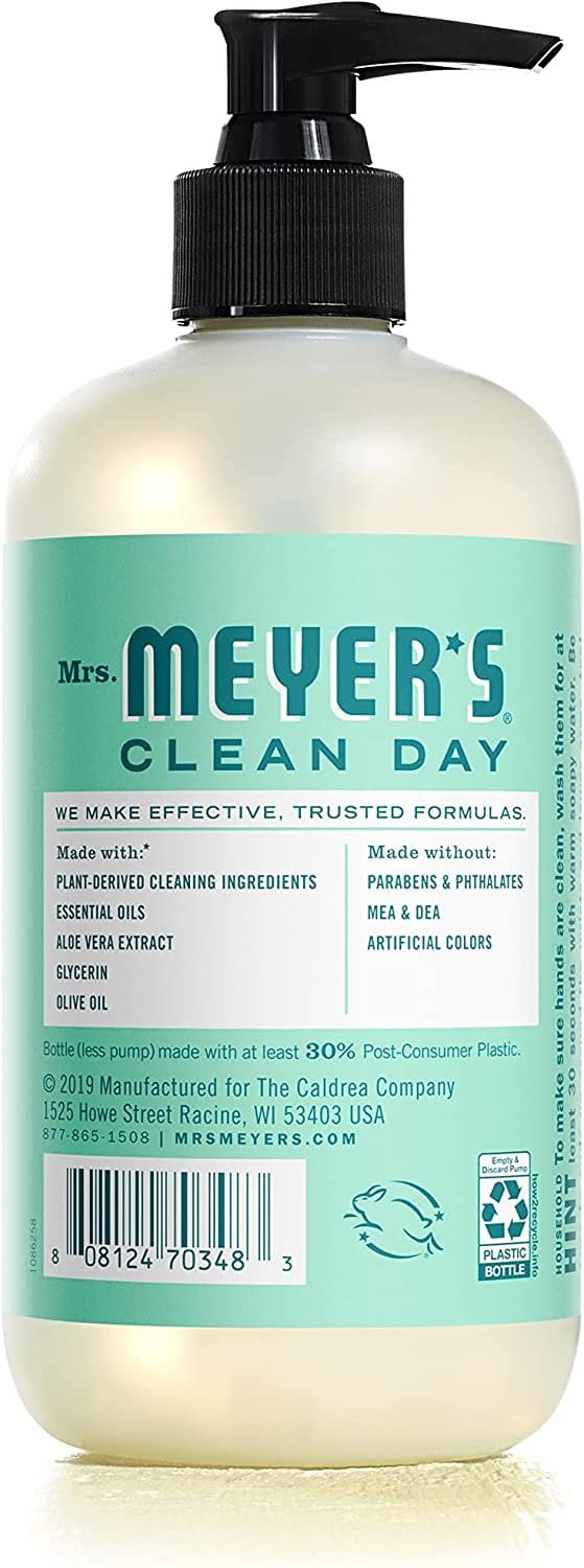 Mrs. Meyer's Clean Day Liquid Hand Soap, Cruelty Free and Biodegradable Hand Wash Formula Made with Essential Oils, Mint Scent, 12.5 oz Bottle (Pack of 6)