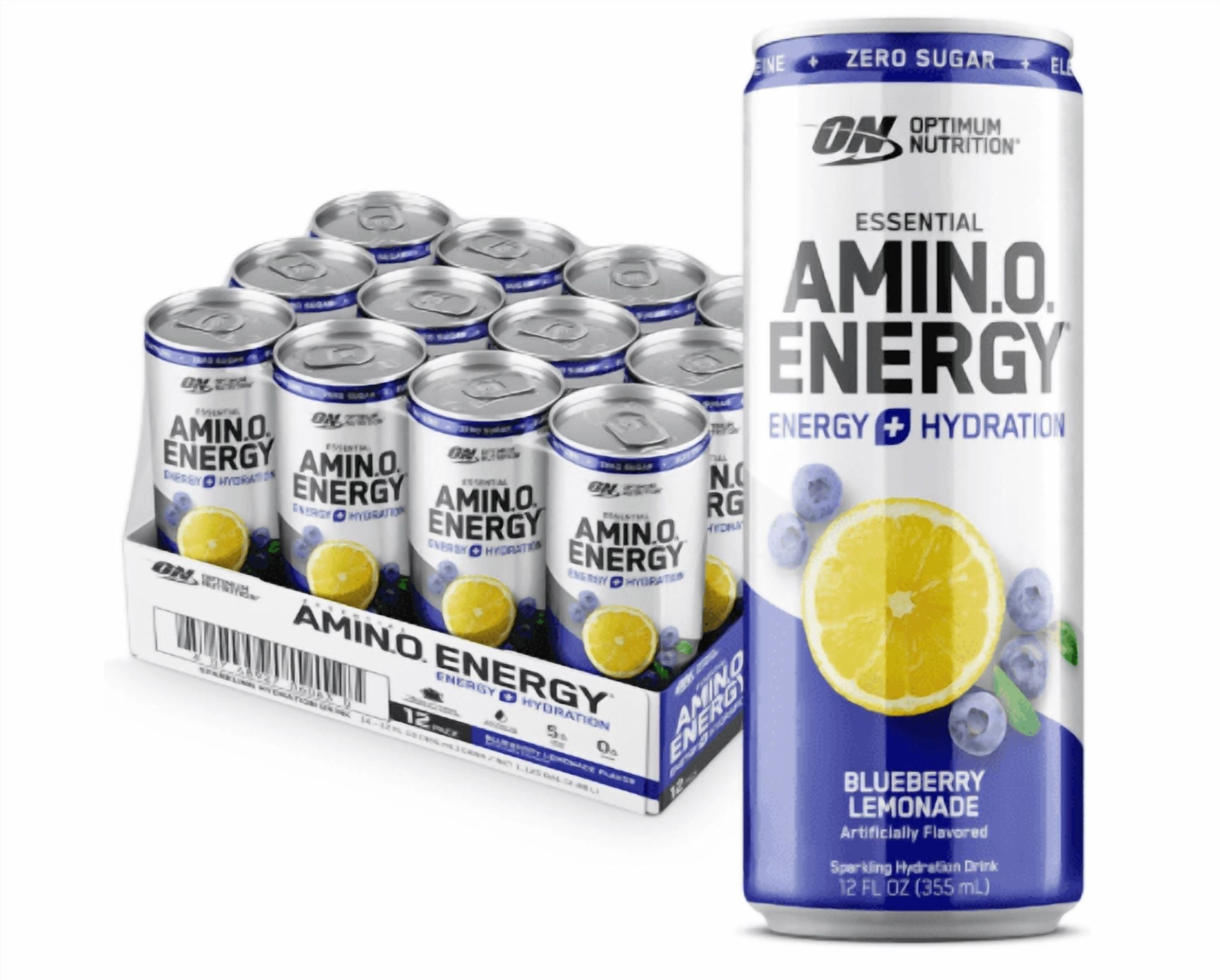Optimum Nutrition Amino Energy Sparkling Hydration Drink, Electrolytes, Caffeine, Amino Acids, BCAAs, Sugar Free, Blueberry Lemonade, 12 Fl Oz, 12 Pack (Packaging May Vary)