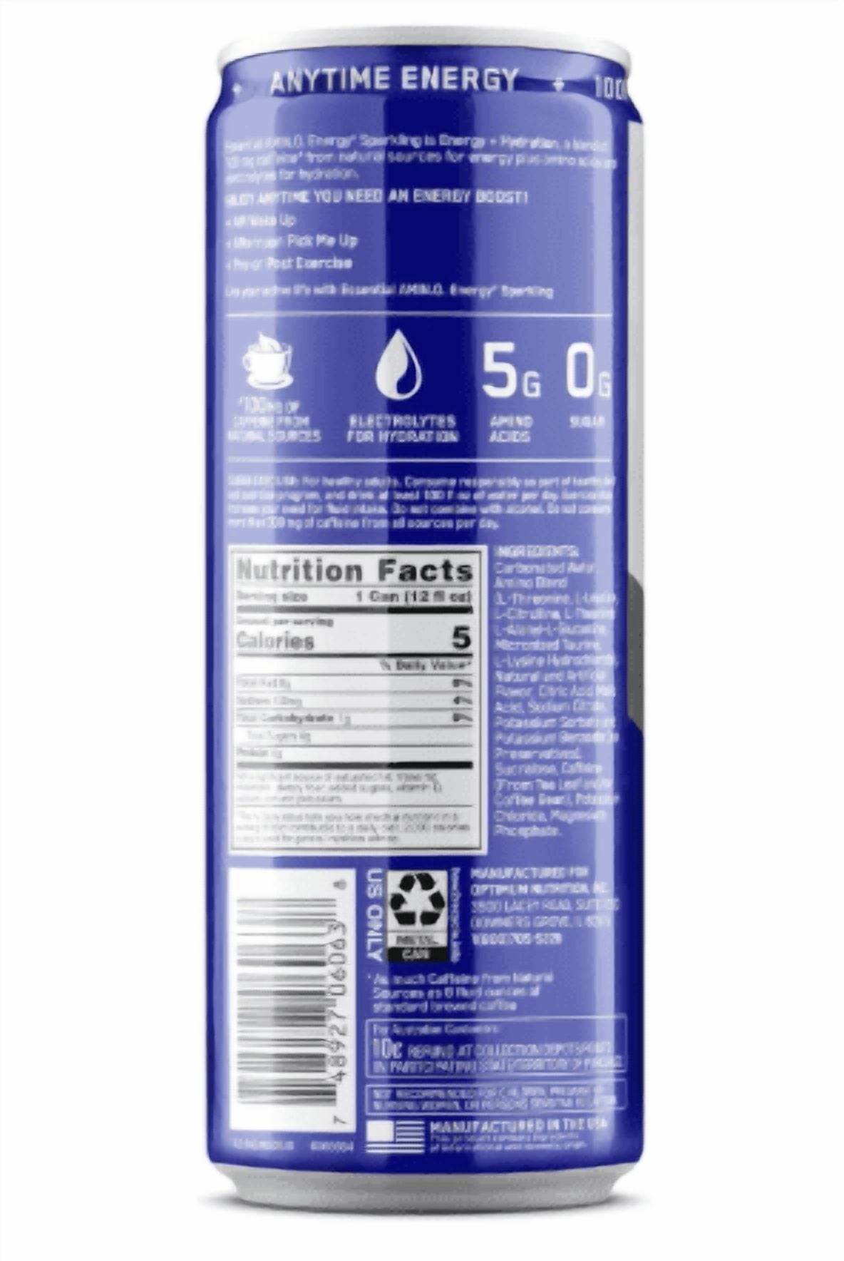 Optimum Nutrition Amino Energy Sparkling Hydration Drink, Electrolytes, Caffeine, Amino Acids, BCAAs, Sugar Free, Blueberry Lemonade, 12 Fl Oz, 12 Pack (Packaging May Vary)