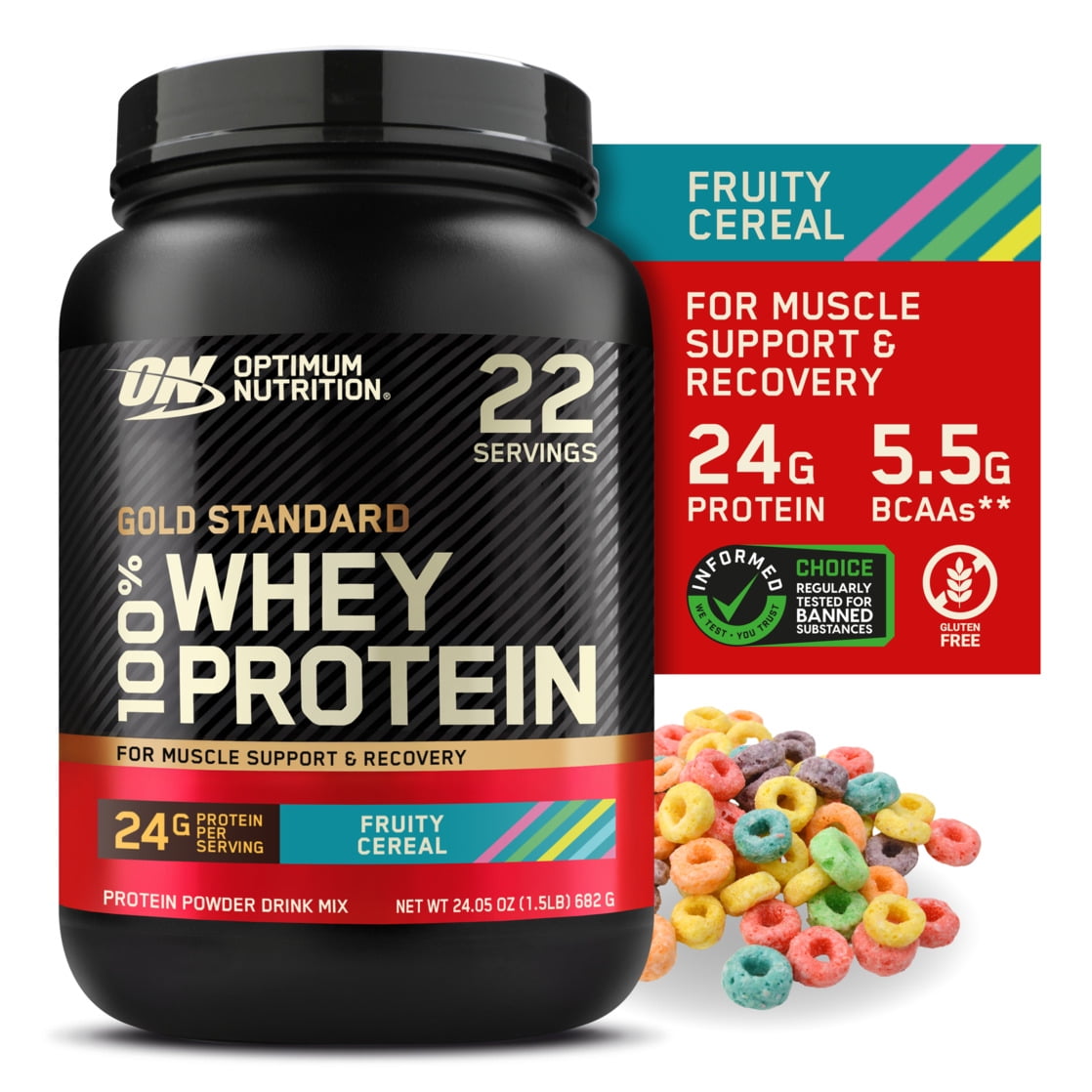 Optimum Nutrition Gold Standard 100% Whey Protein Powder, Fruity Cereal, 1.5 lb Tub, 22 Servings