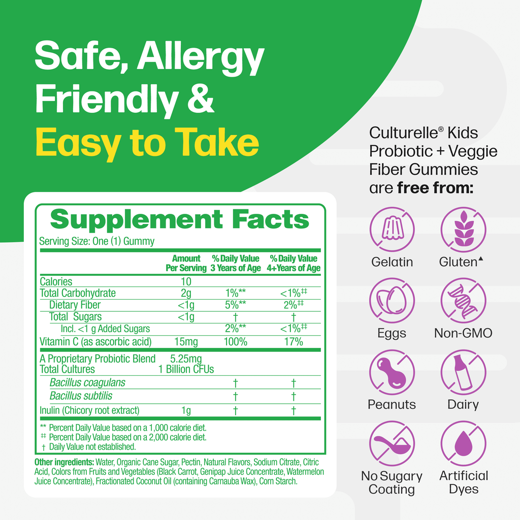 Culturelle Probiotics Kids Veggie Fiber + Probiotic Daily Gummies Supplement, Immunity &amp; Digestion Support for Children, Berry Blast Flavor, 60 Count