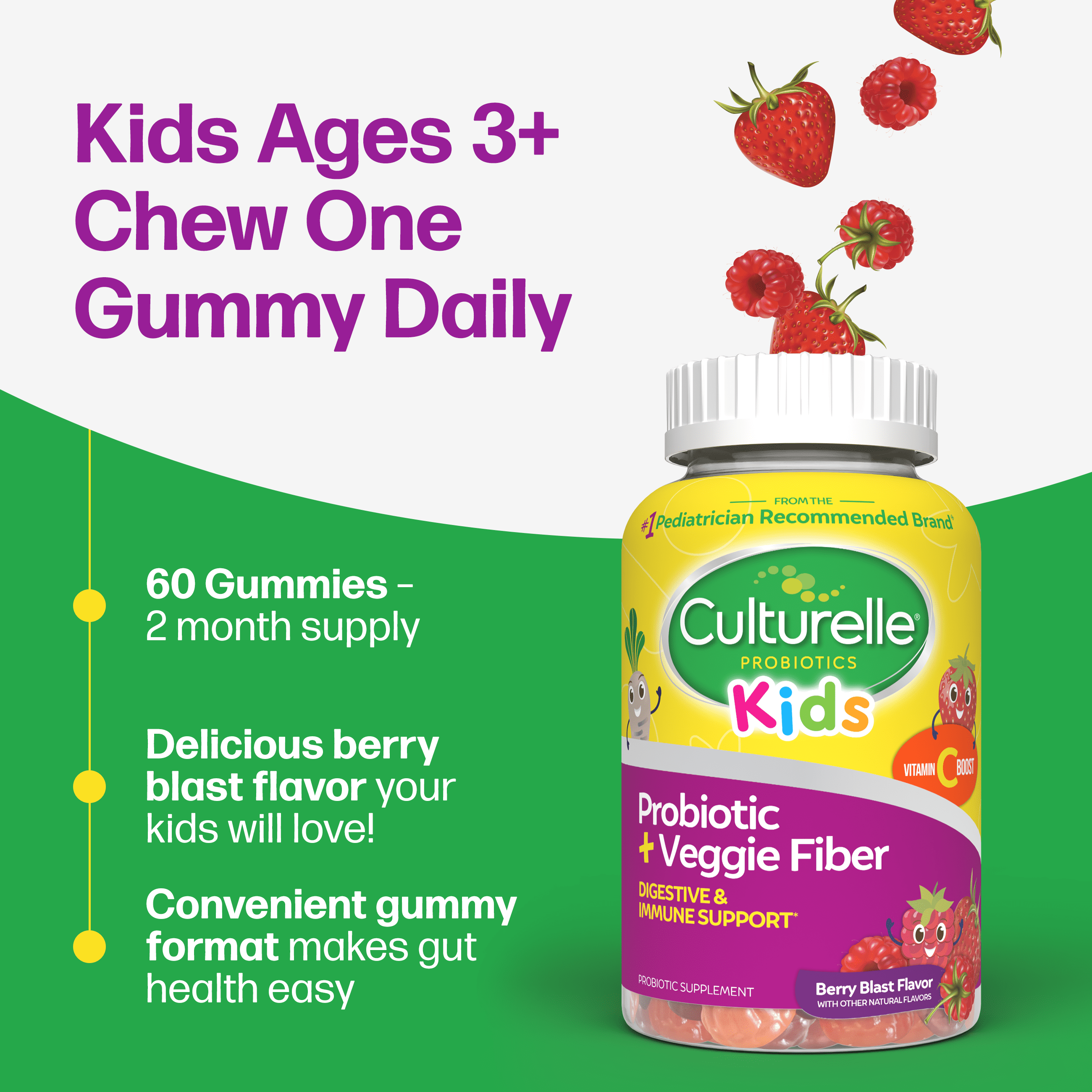 Culturelle Probiotics Kids Veggie Fiber + Probiotic Daily Gummies Supplement, Immunity &amp; Digestion Support for Children, Berry Blast Flavor, 60 Count