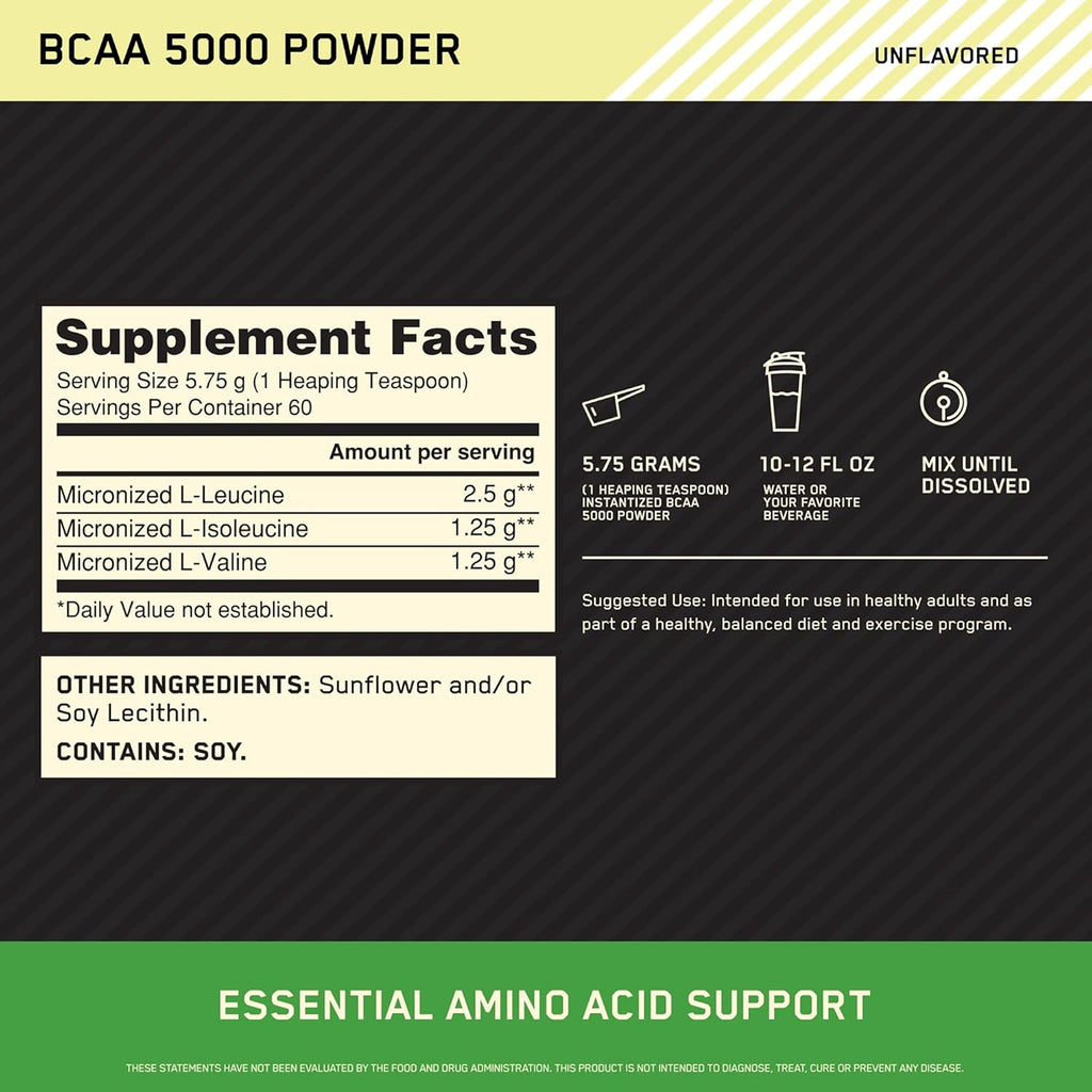 Optimum Nutrition Instantized BCAA Powder, Unflavored, Branched Chain Essential Amino Acids Powder, 60 Servings