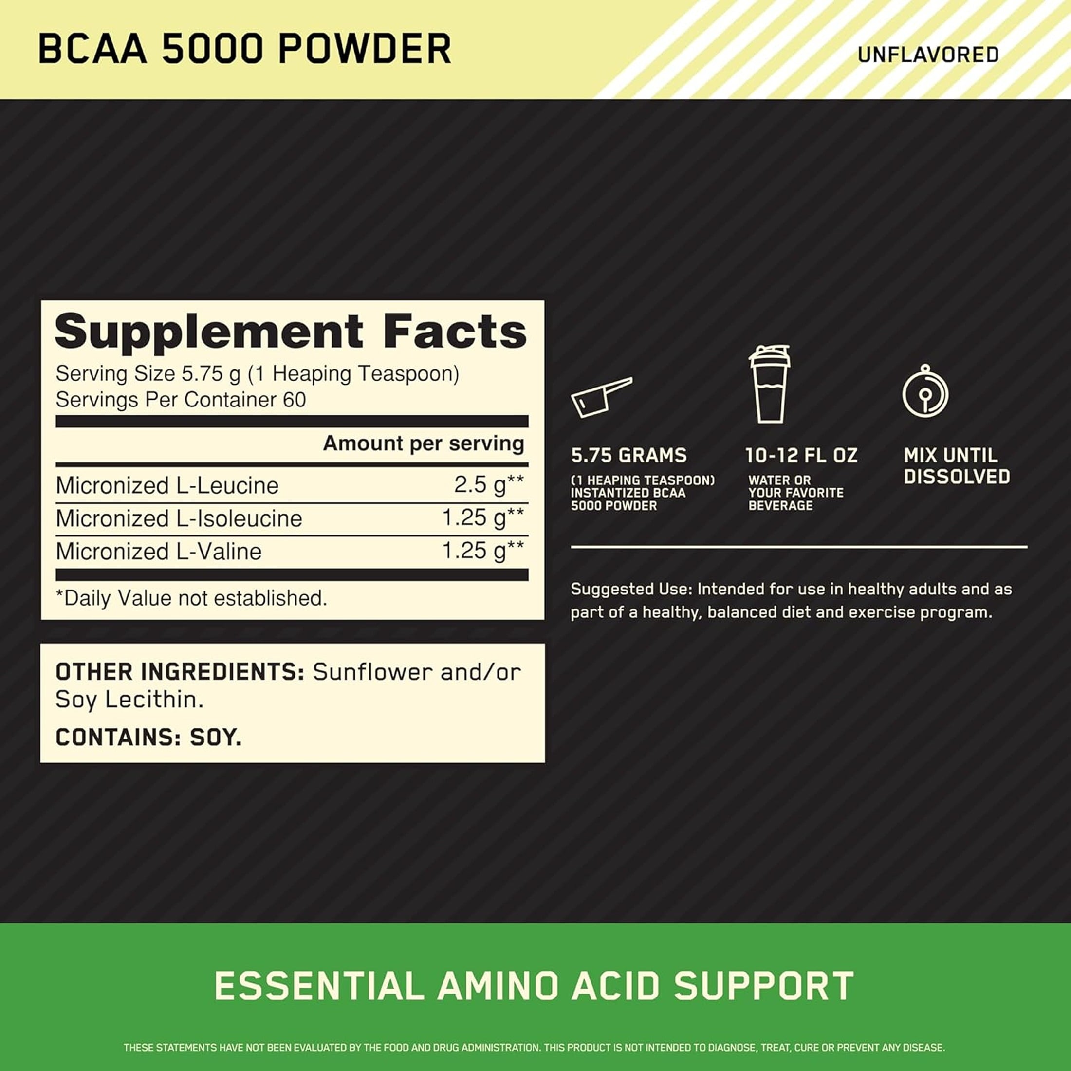 Optimum Nutrition Instantized BCAA Powder, Unflavored, Branched Chain Essential Amino Acids Powder, 60 Servings