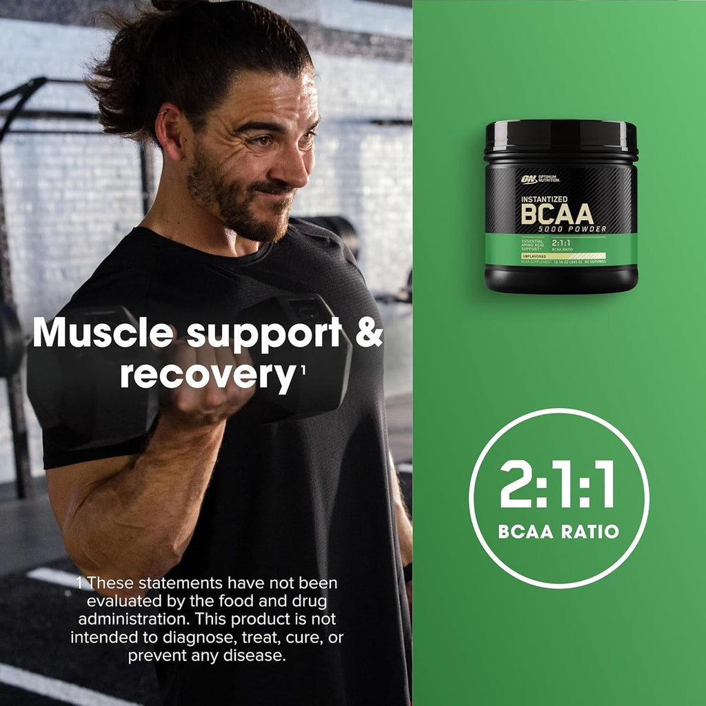 Optimum Nutrition Instantized BCAA Powder, Unflavored, Branched Chain Essential Amino Acids Powder, 60 Servings