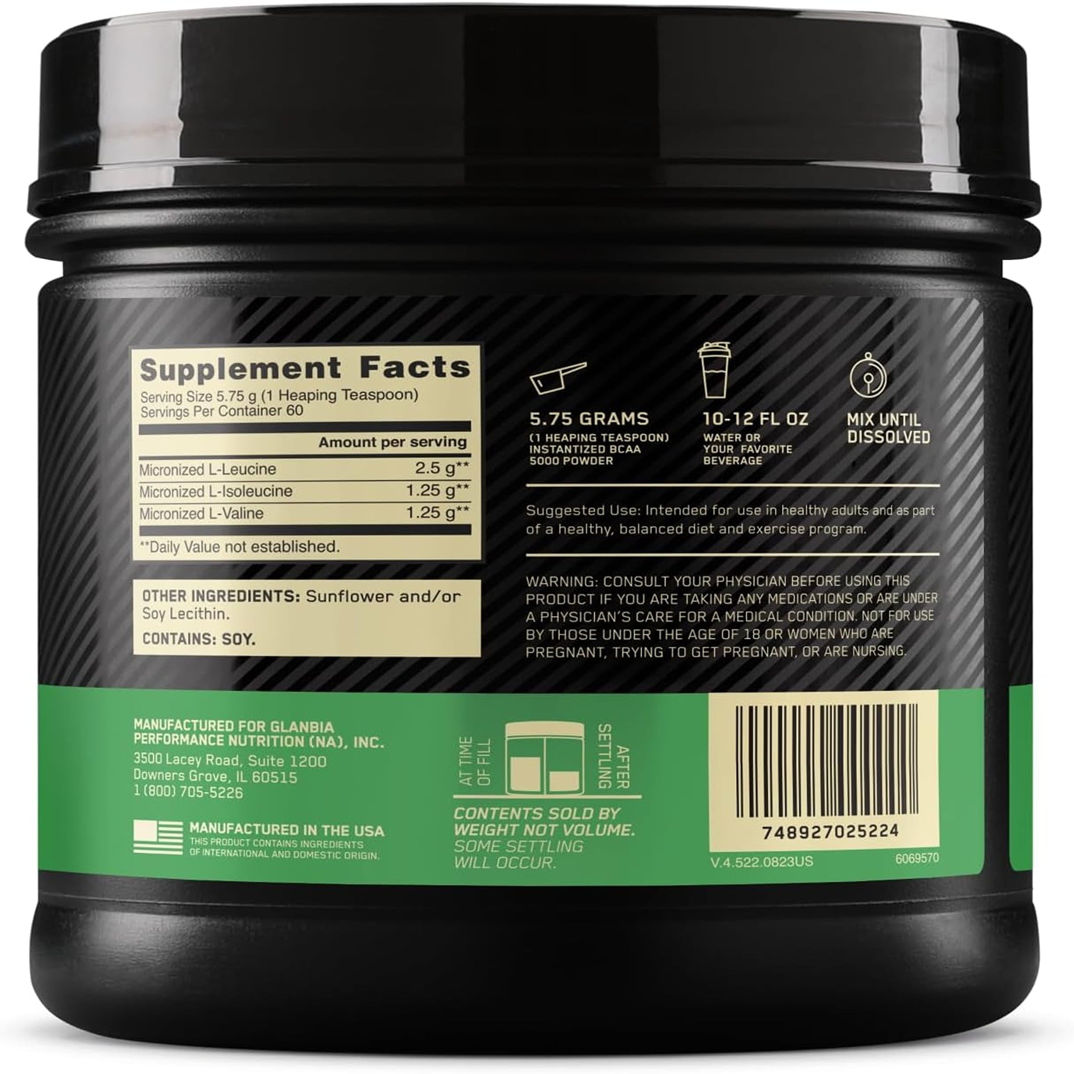 Optimum Nutrition Instantized BCAA Powder, Unflavored, Branched Chain Essential Amino Acids Powder, 60 Servings