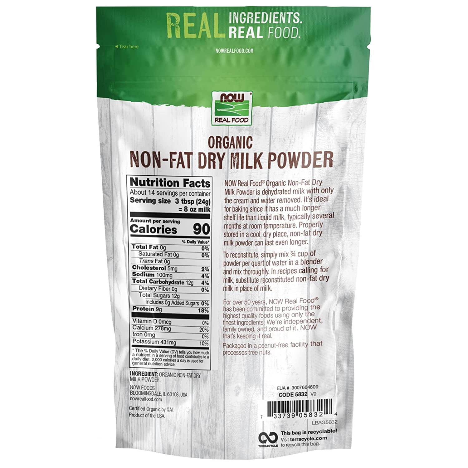 NOW Foods, Real Food, Organic Non-Fat Dry Milk Powder, 12 oz Pack of 4