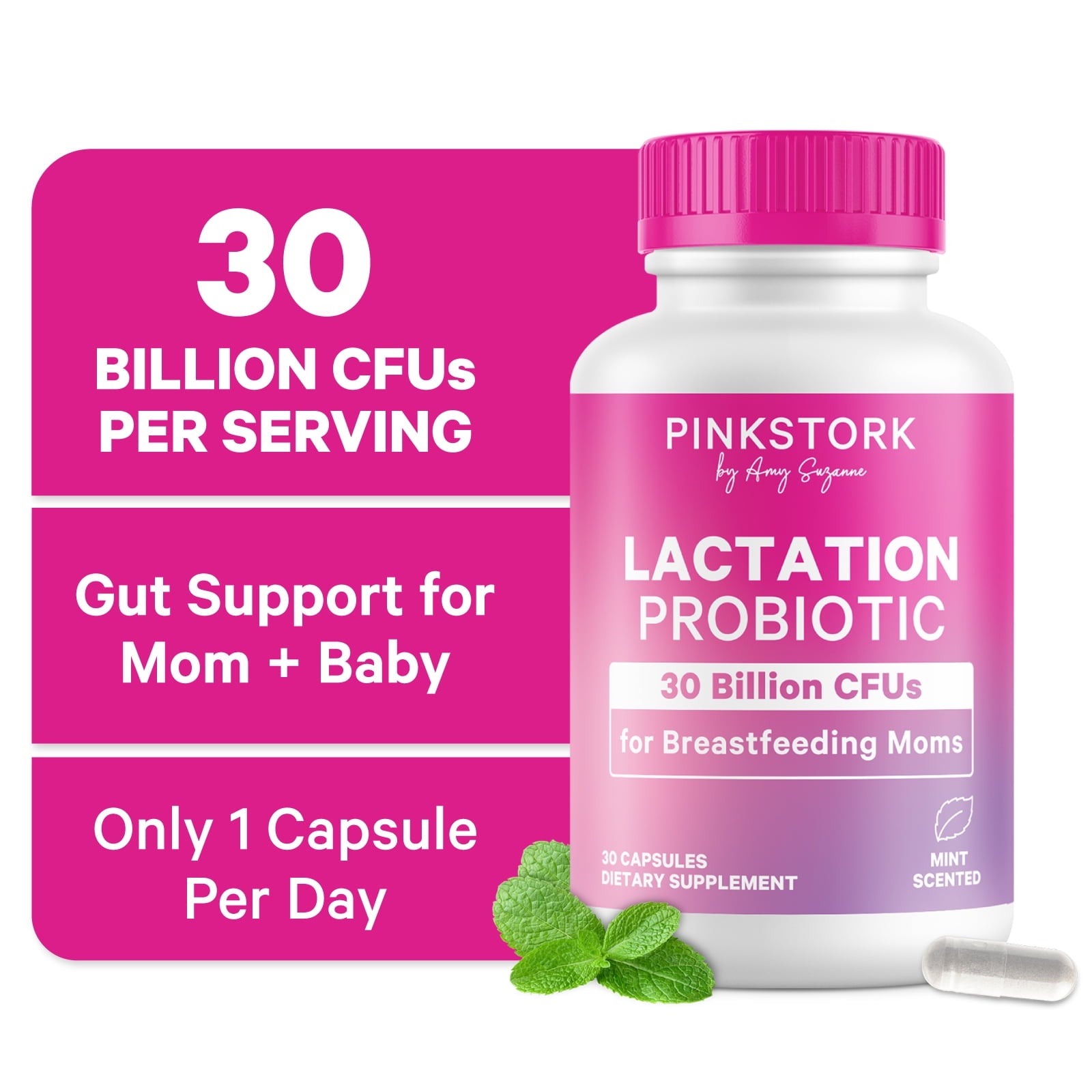 Pink Stork Lactation Probiotic - 30 Billion CFUs Support Breast Milk &amp; Gut Health, Mint Scented, 30 Capsules