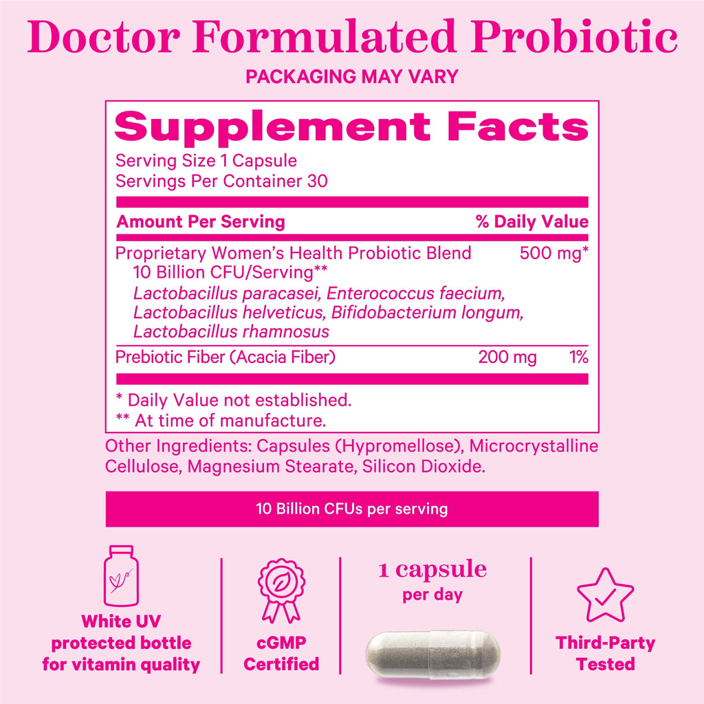 Pink Stork Probiotic Supplement for Women, Gut Health, Gluten Free, 30 Capsules