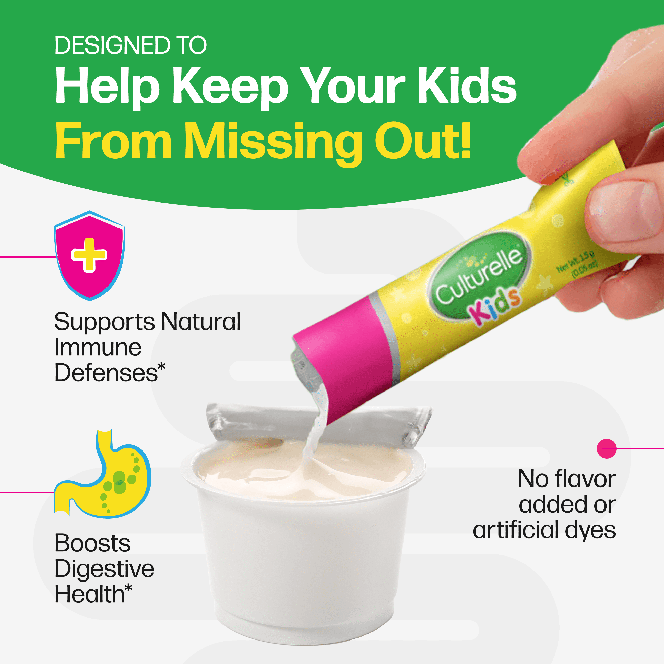 Culturelle Probiotics Kids Purely Probiotic Daily Ready-to-Mix Supplement, Immunity &amp; Digestion Support for Children, No Flavor Added, 30 Packets