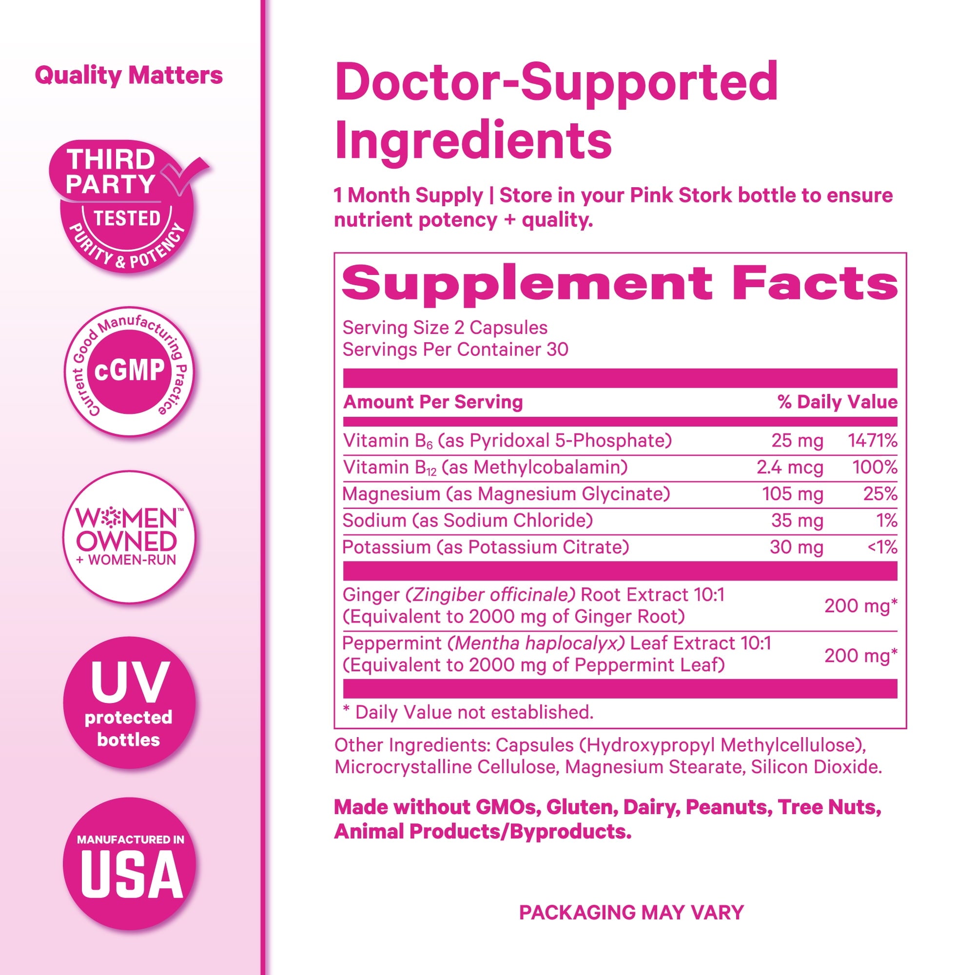 Pink Stork Vitamin B6, Ginger, Electrolyte Capsule, Natural Digestive Support, Gentle on Stomach, 60 Count