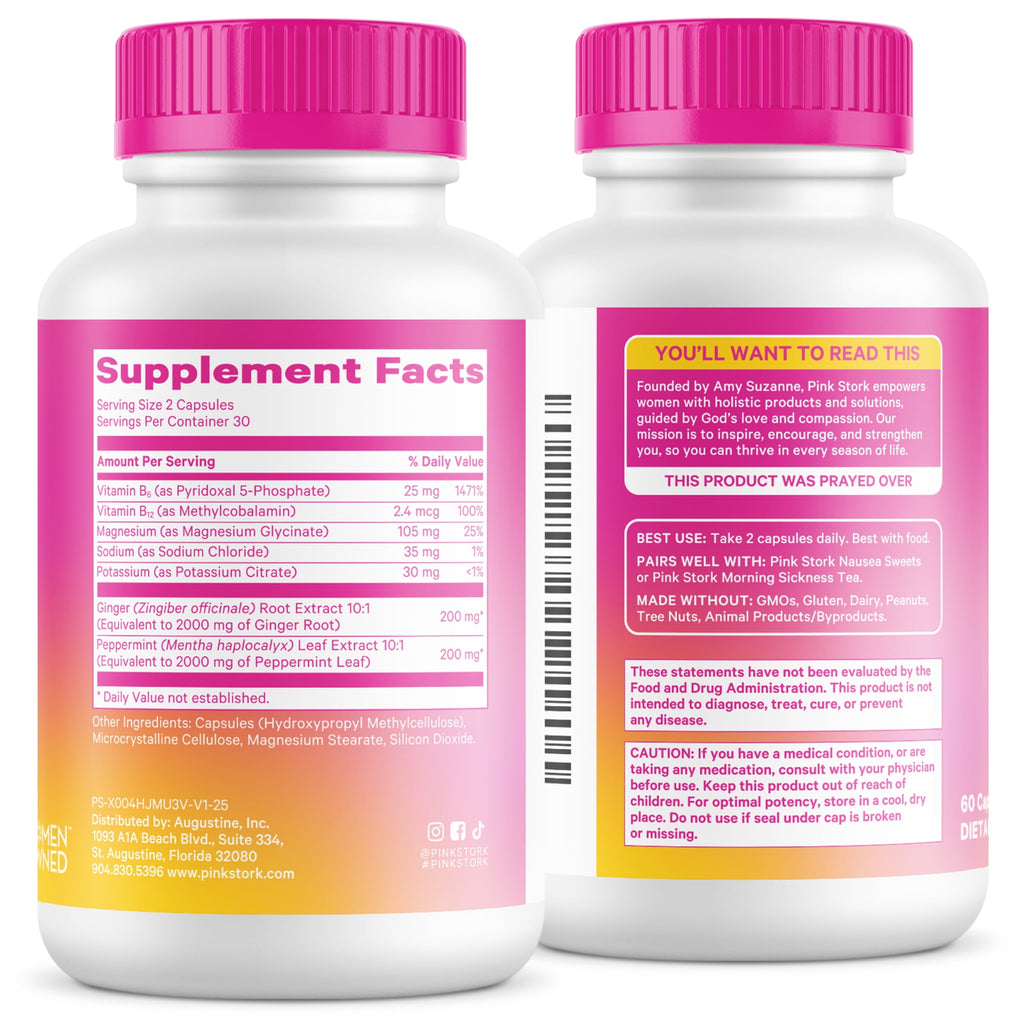 Pink Stork Vitamin B6, Ginger, Electrolyte Capsule, Natural Digestive Support, Gentle on Stomach, 60 Count
