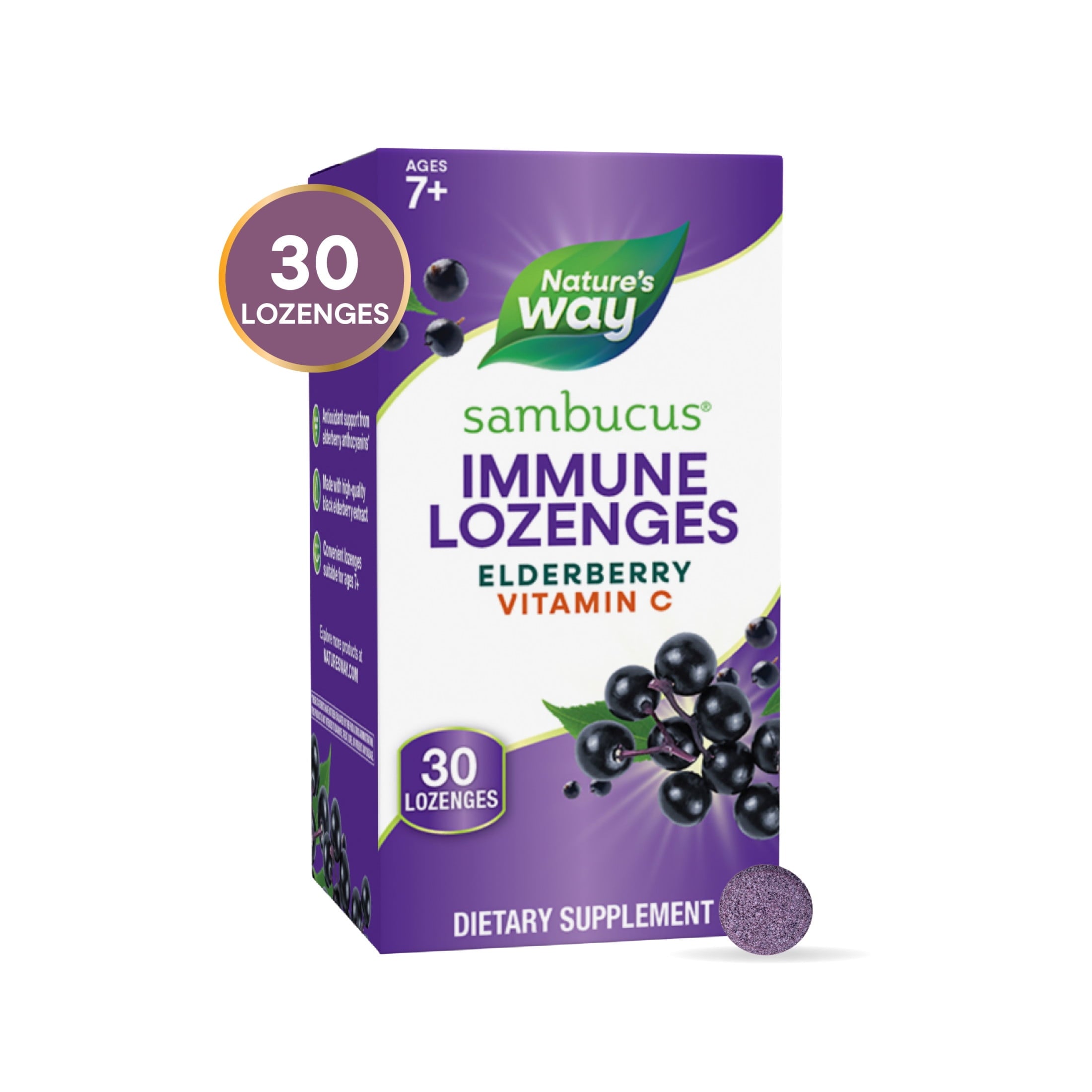 Nature's Way Sambucus Immune Lozenges, Vitamin C, Black Elderberry Extract, Immune Support*, 30ct