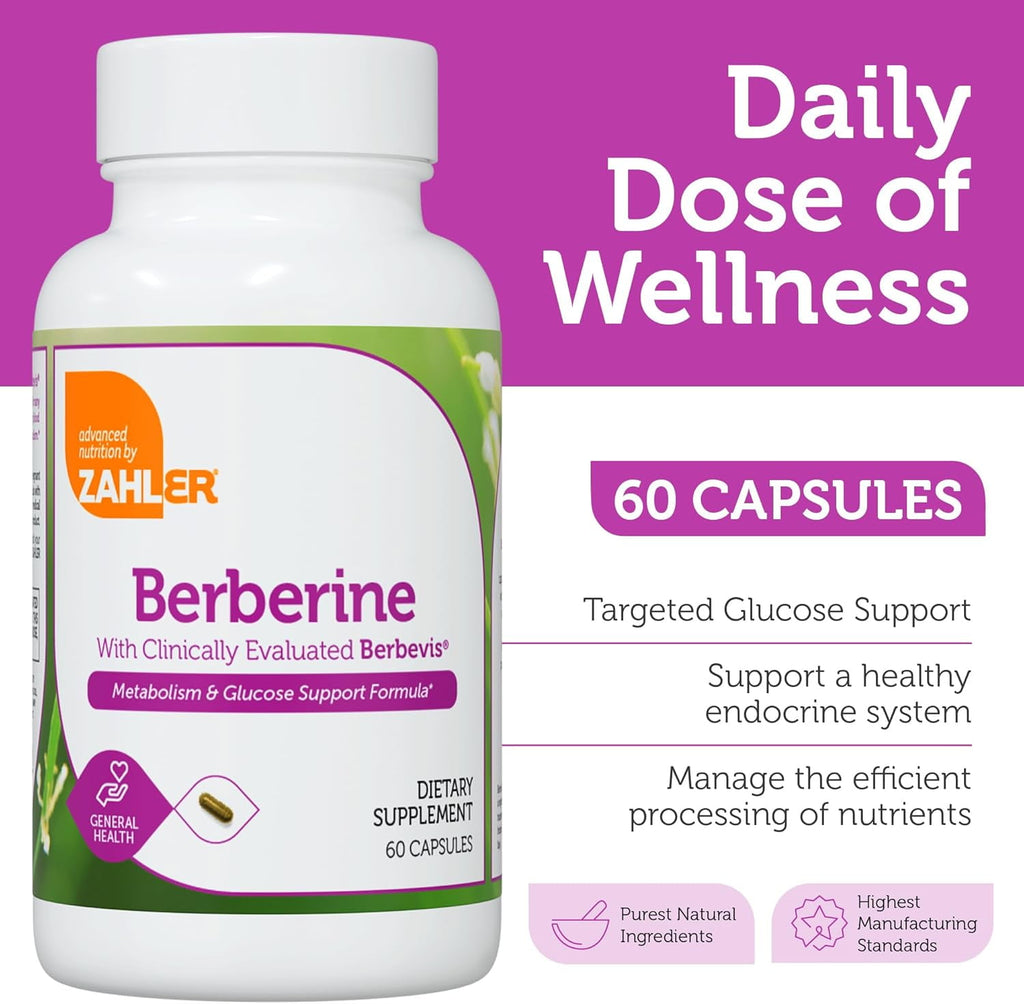 Zahler Berberine Supplement 1000mg with Clinically Evaluated Berbevis Complex and Berberine HCl - Barberry Supplements for Metabolism Glucose and Weight loss Support for Adults (60)