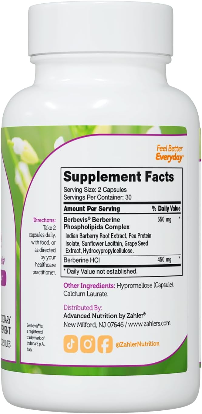 Zahler Berberine Supplement 1000mg with Clinically Evaluated Berbevis Complex and Berberine HCl - Barberry Supplements for Metabolism Glucose and Weight loss Support for Adults (60)