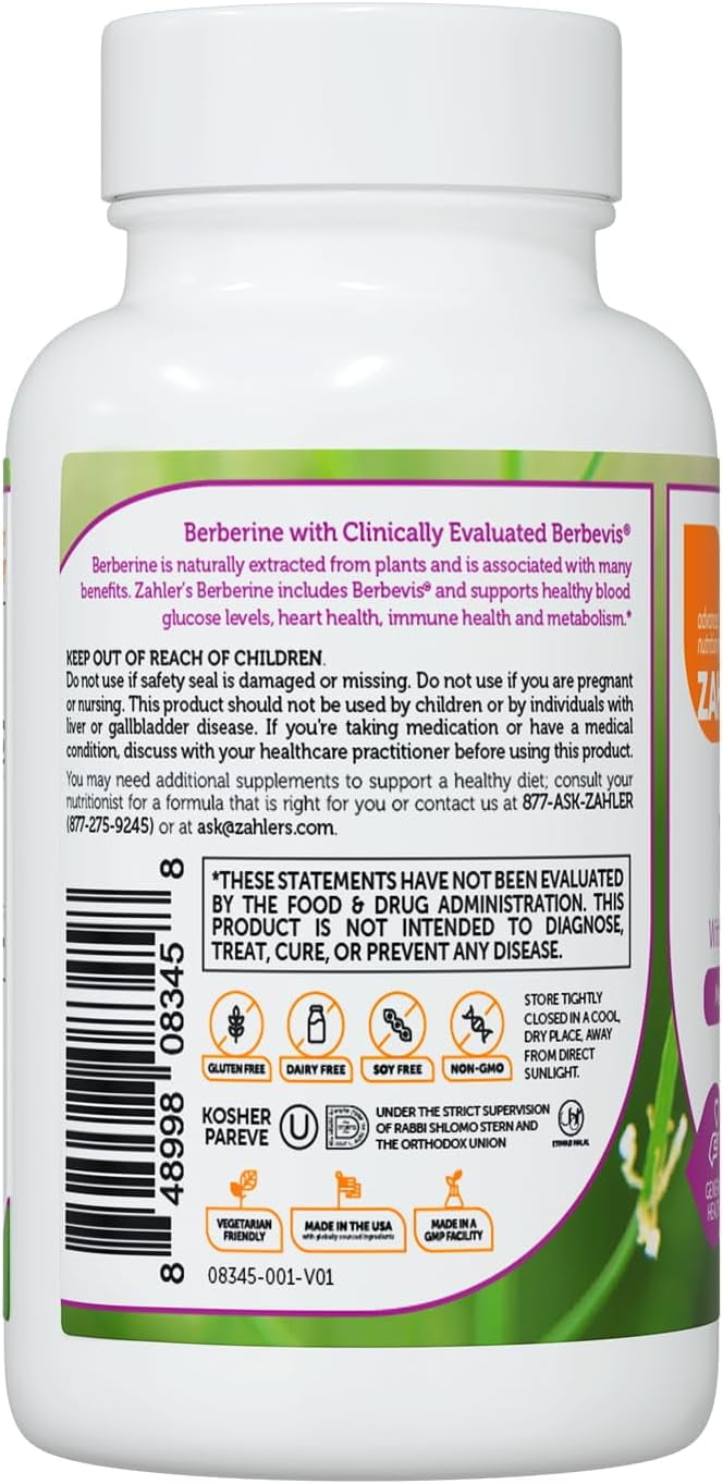 Zahler Berberine Supplement 1000mg with Clinically Evaluated Berbevis Complex and Berberine HCl - Barberry Supplements for Metabolism Glucose and Weight loss Support for Adults (60)