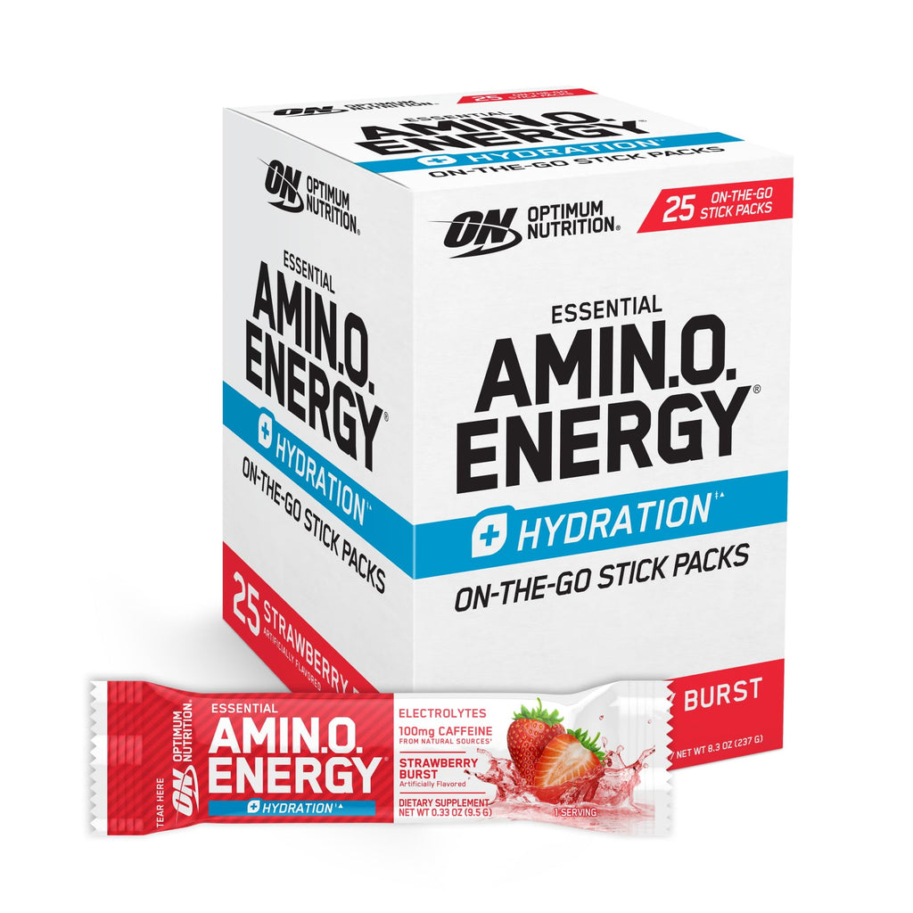 Optimum Nutrition Amino Energy Plus Hydration Packets, On-The-Go Energy Powder Stick Packs, Strawberry Burst, 25 Count
