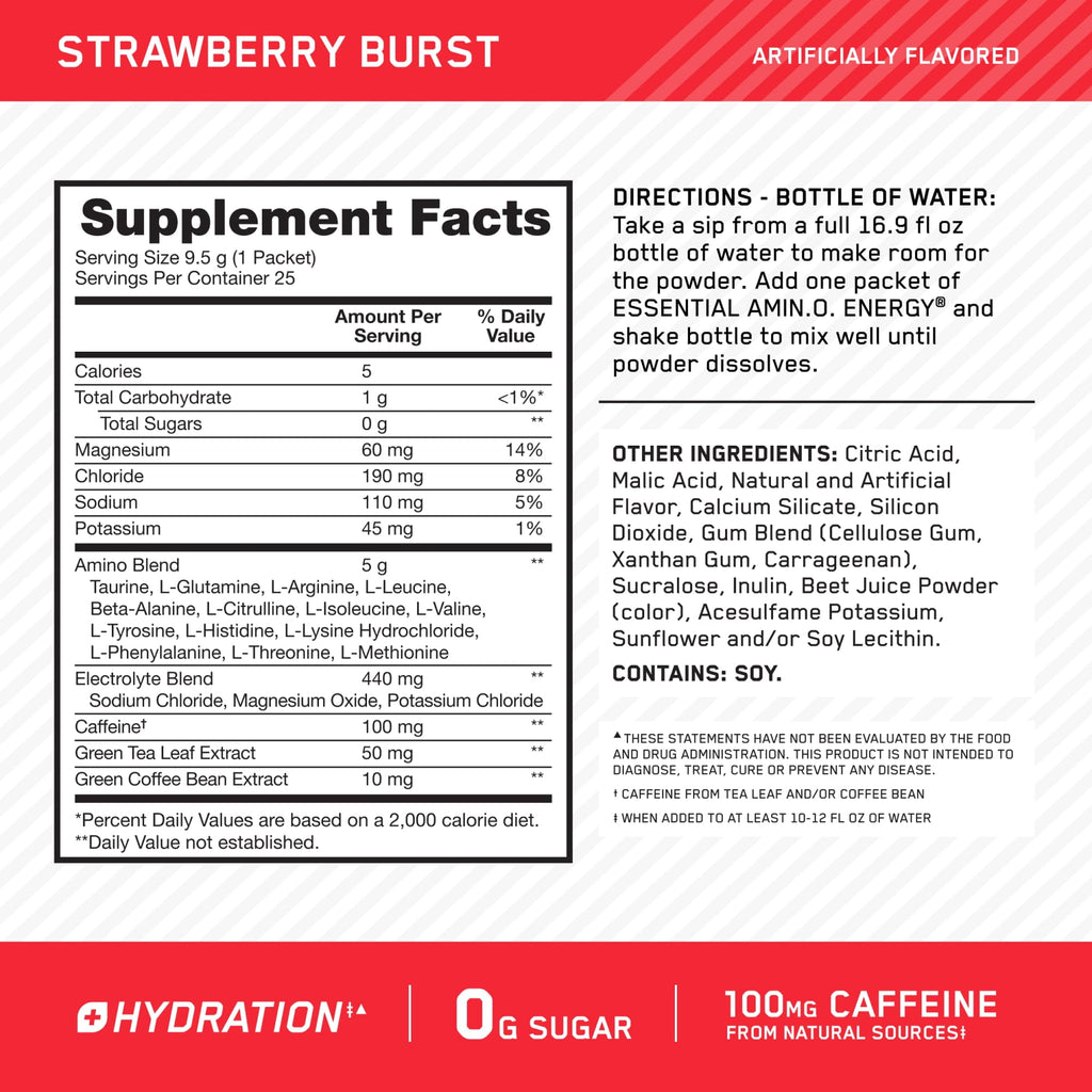 Optimum Nutrition Amino Energy Plus Hydration Packets, On-The-Go Energy Powder Stick Packs, Strawberry Burst, 25 Count