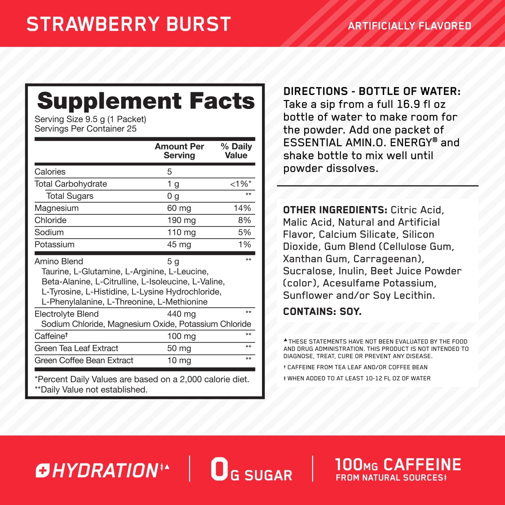 Optimum Nutrition Amino Energy Plus Hydration Packets, On-The-Go Energy Powder Stick Packs, Strawberry Burst, 25 Count