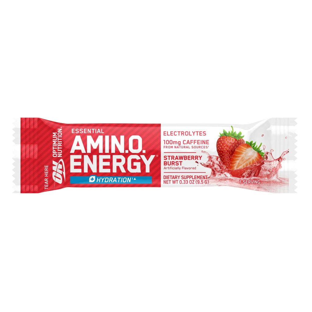 Optimum Nutrition Amino Energy Plus Hydration Packets, On-The-Go Energy Powder Stick Packs, Strawberry Burst, 25 Count