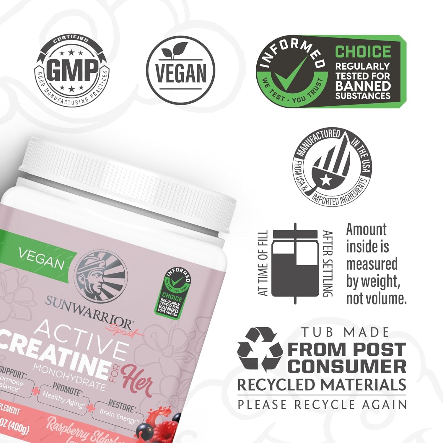 Sunwarrior Creatine Monohydrate Powder, Preworkout for Women, Vegan &amp; Keto-Friendly, 14.1 oz