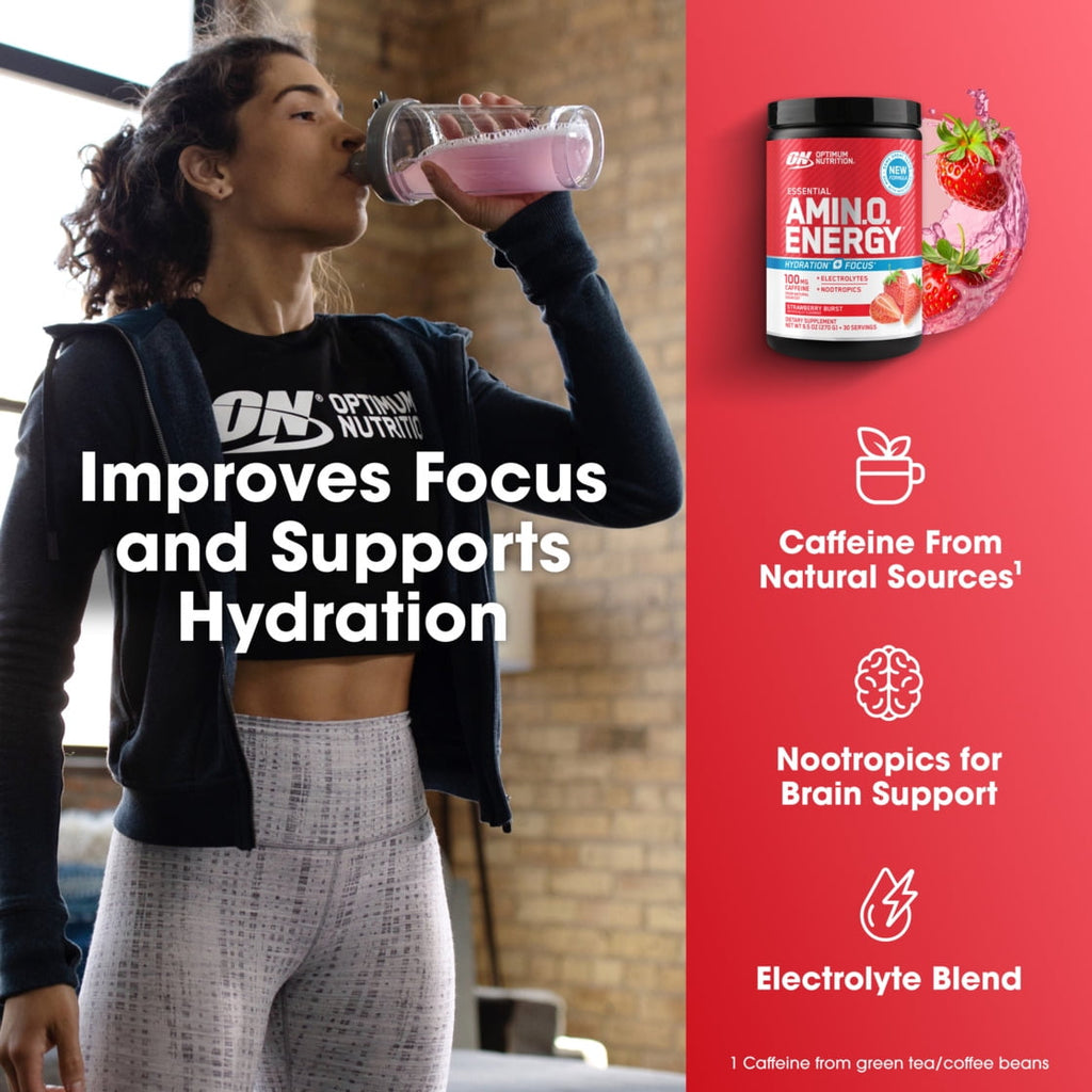 Optimum Nutrition Amino Energy Hydration + Focus Powder, Strawberry Burst, 9.5 oz