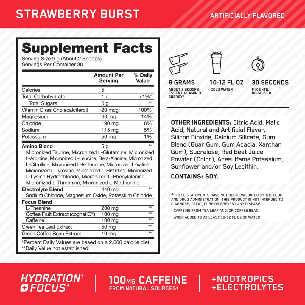 Optimum Nutrition Amino Energy Hydration + Focus Powder, Strawberry Burst, 9.5 oz
