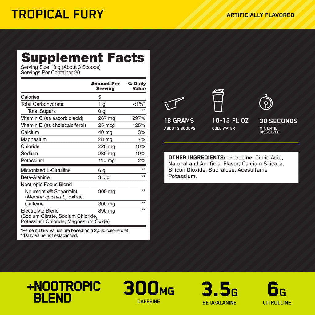 Optimum Nutrition, Pre-Workout Amped Powder, Tropical Fury, High Stim, Sugar-Free, Caffeine, 20 Servings