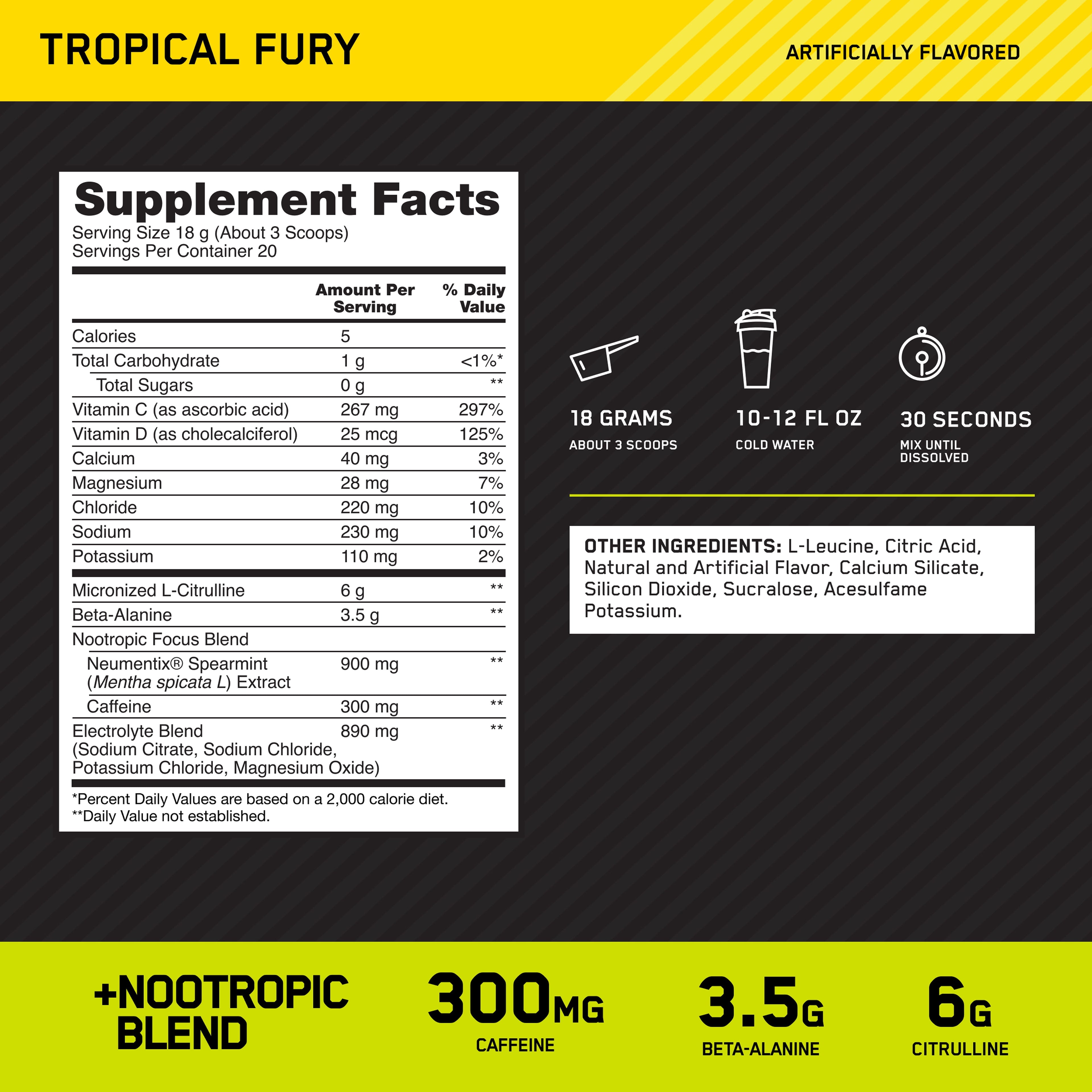 Optimum Nutrition, Pre-Workout Amped Powder, Tropical Fury, High Stim, Sugar-Free, Caffeine, 20 Servings
