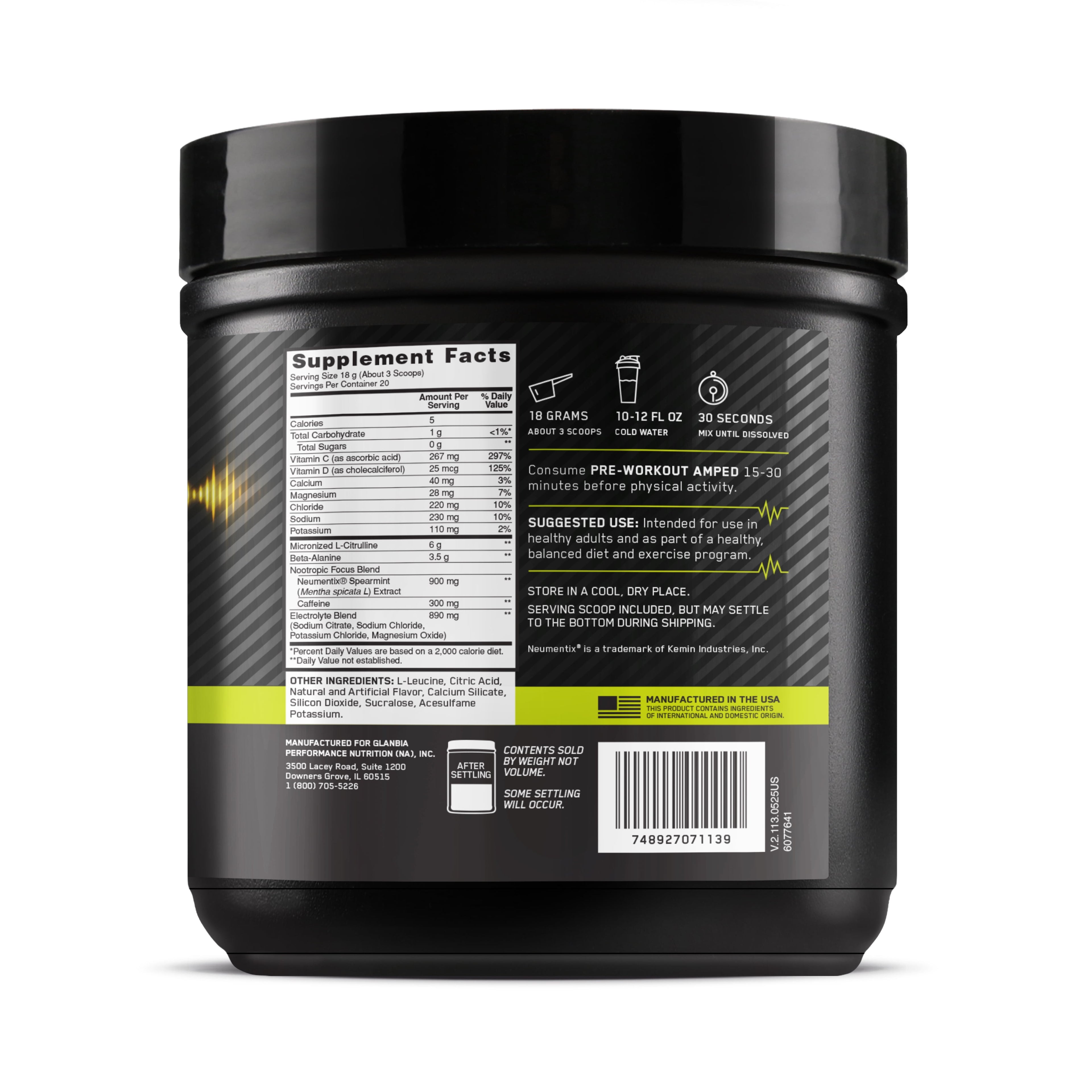 Optimum Nutrition, Pre-Workout Amped Powder, Tropical Fury, High Stim, Sugar-Free, Caffeine, 20 Servings