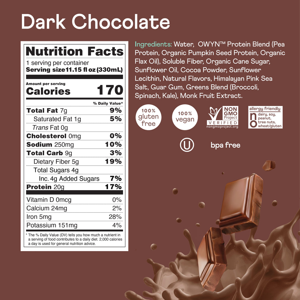 OWYN Plant-Based 20g Protein Shake, Dark Chocolate, 11.15 oz, 12 Count