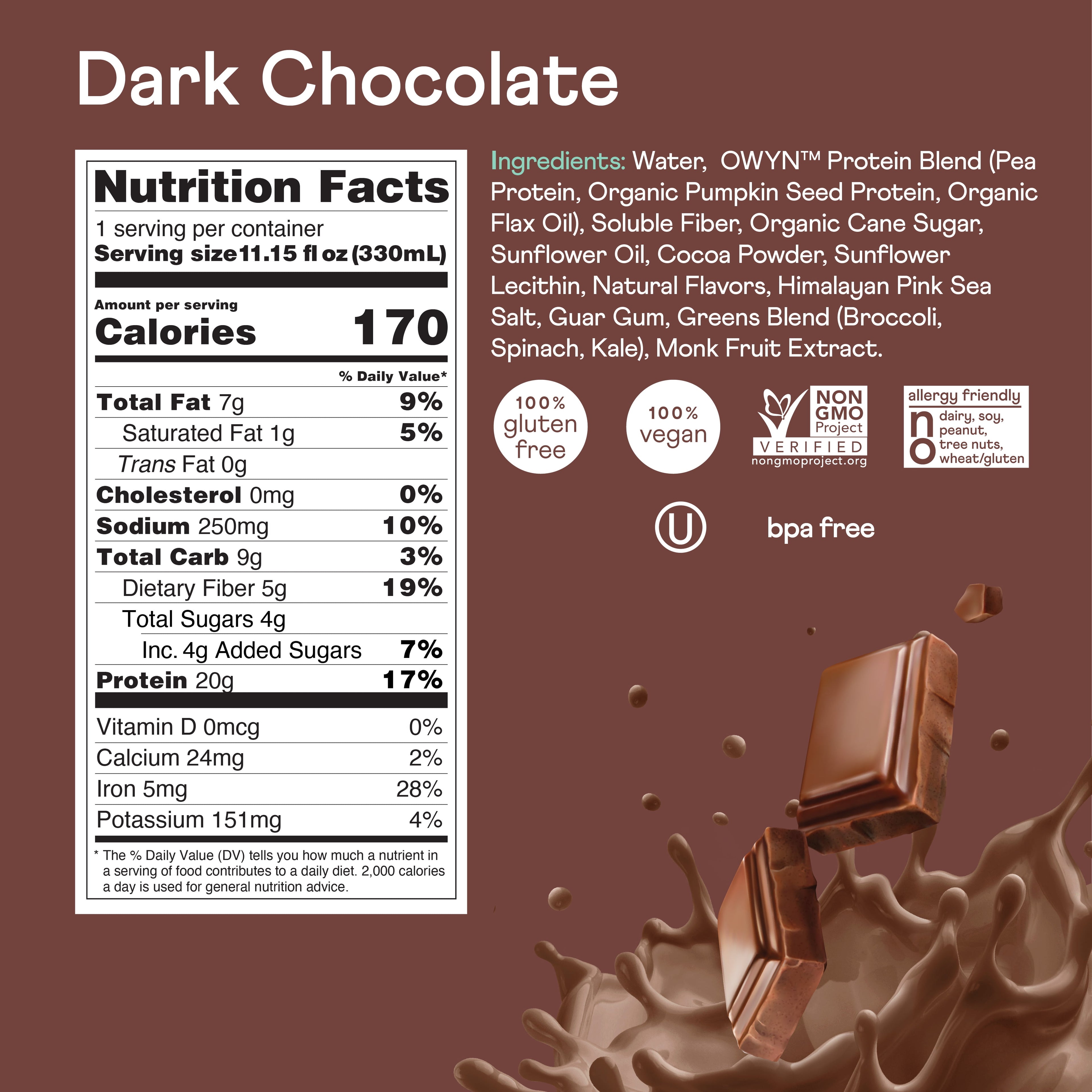 OWYN Plant-Based 20g Protein Shake, Dark Chocolate, 11.15 oz, 12 Count