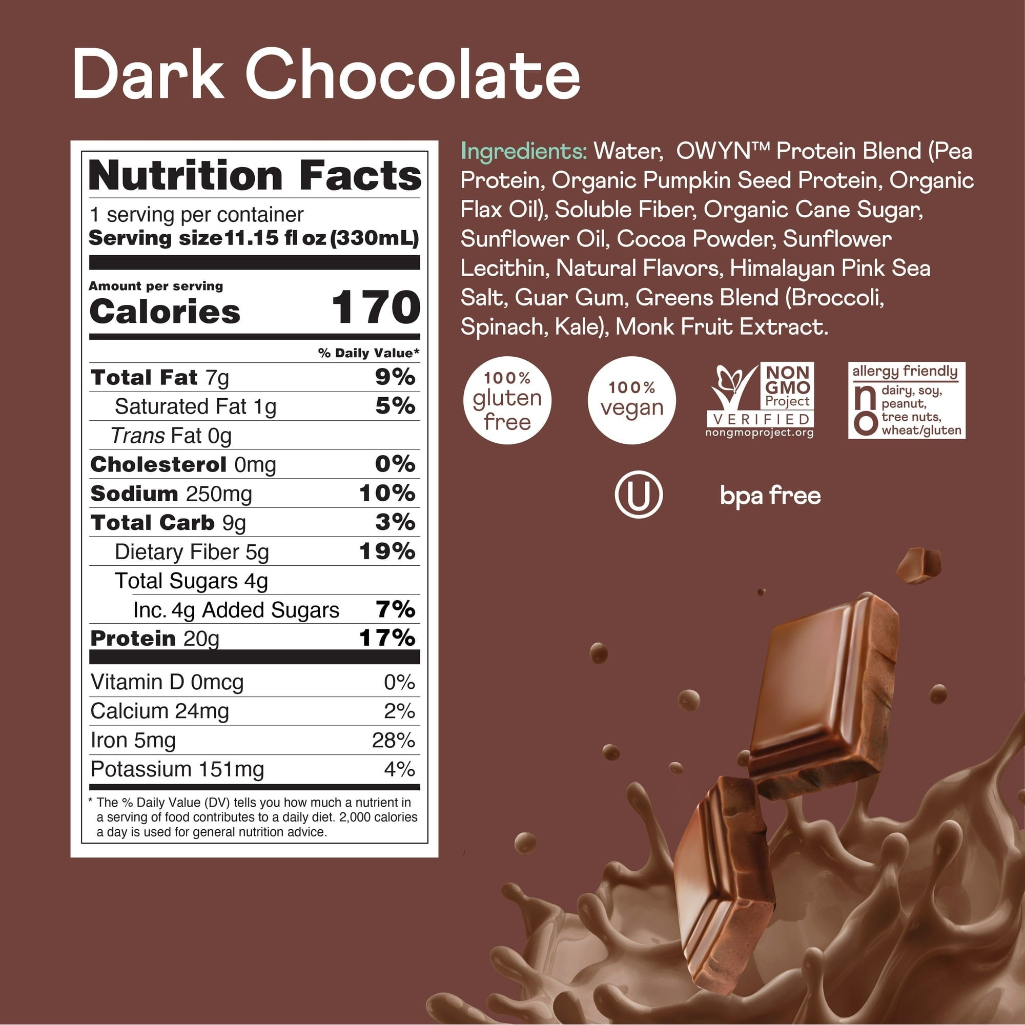 OWYN Plant-Based 20g Protein Shake, Dark Chocolate, 11.15 oz, 12 Count