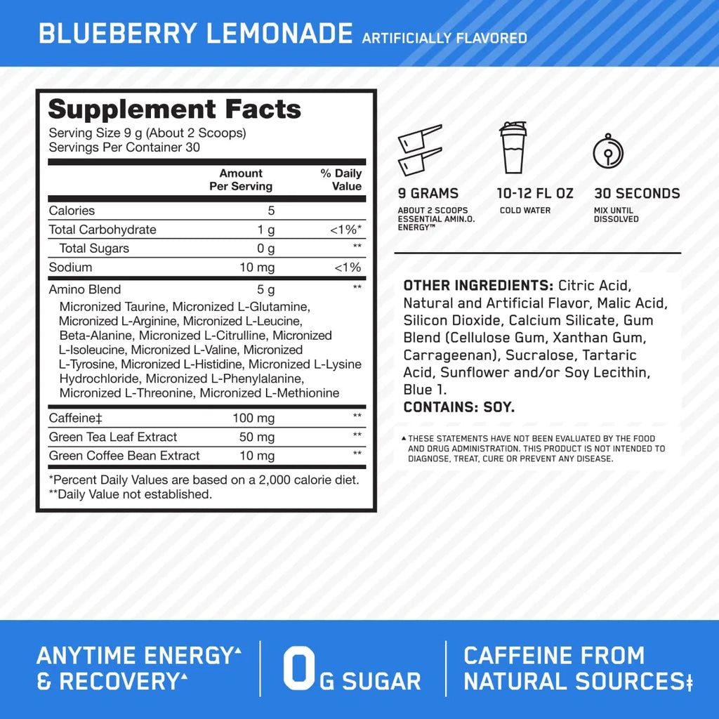 Optimum Nutrition, Essential Amino Energy, Powder, Blueberry Lemonade, 9.5 Oz, 30 Servings