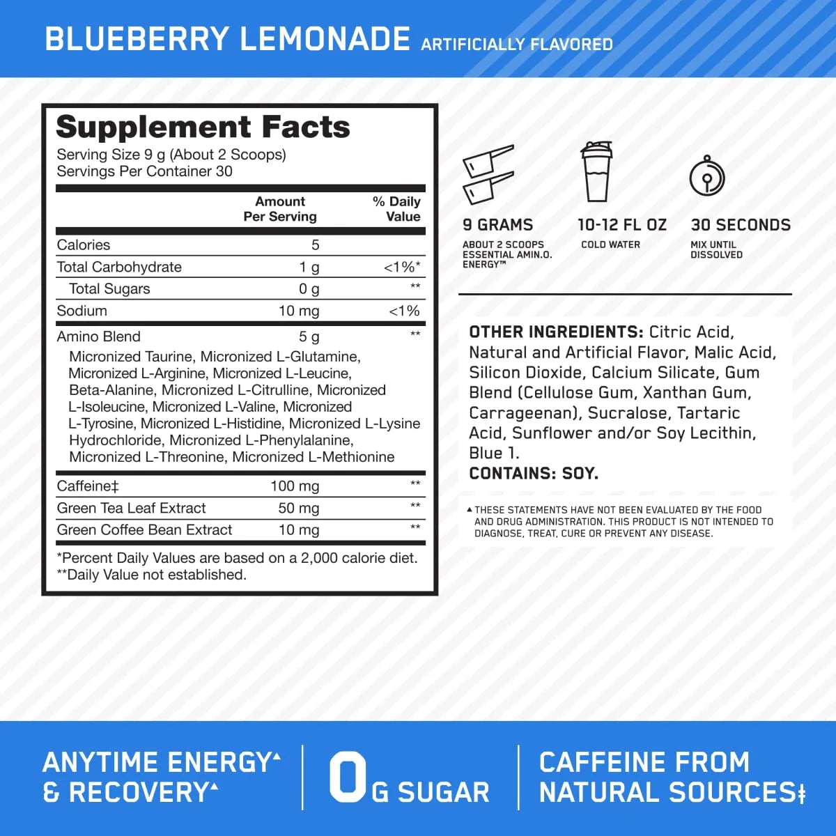 Optimum Nutrition, Essential Amino Energy, Powder, Blueberry Lemonade, 9.5 Oz, 30 Servings