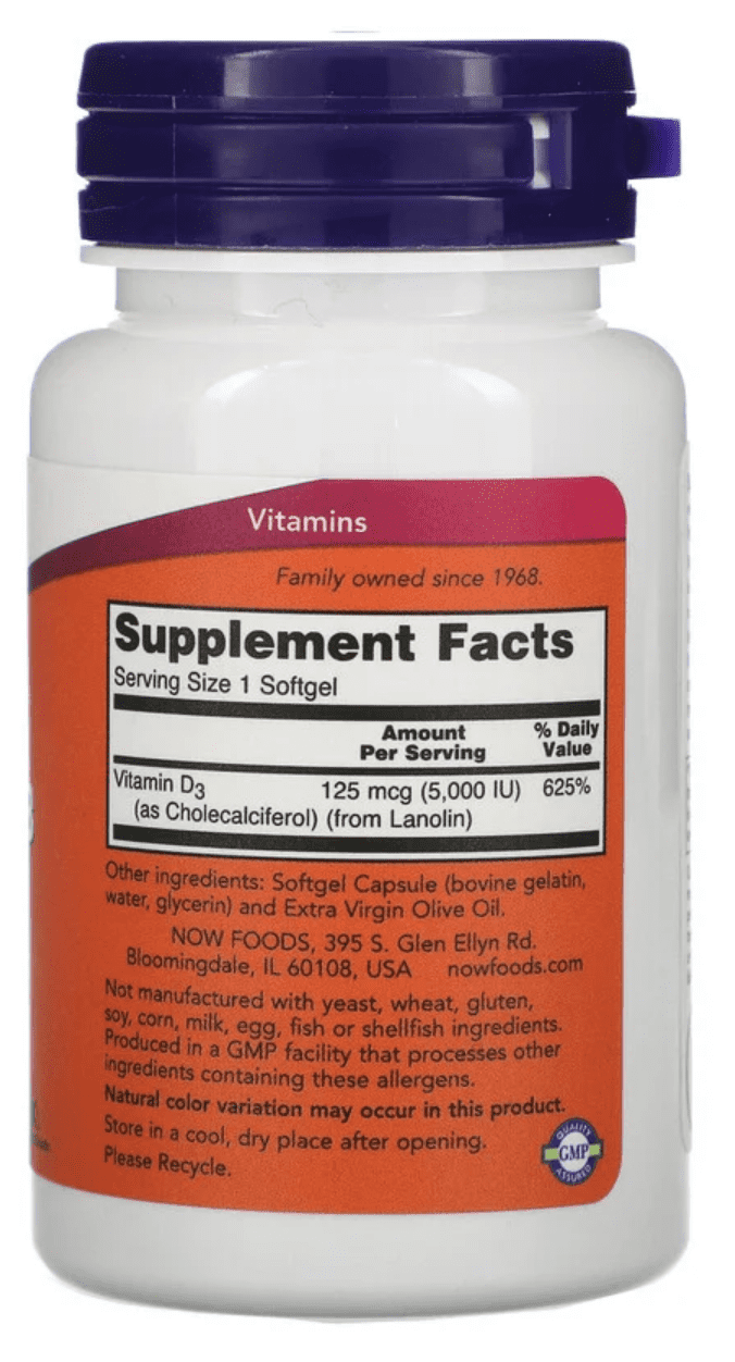 NOW Supplements, Vitamin D-3 5,000 IU, High Potency, Structural Support*, 120 Softgels -3 Packs