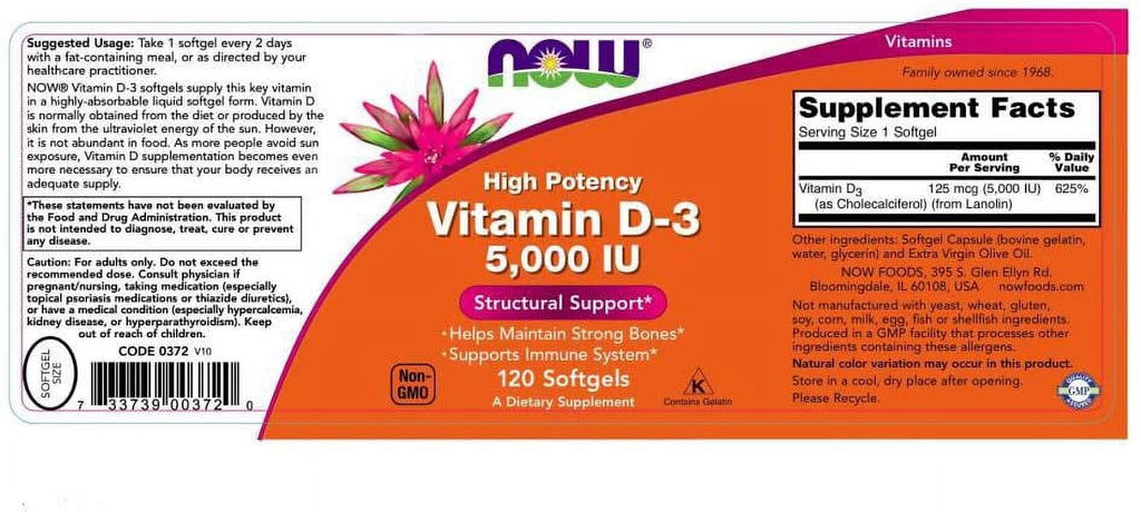 NOW Supplements, Vitamin D-3 5,000 IU, High Potency, Structural Support*, 120 Softgels -3 Packs