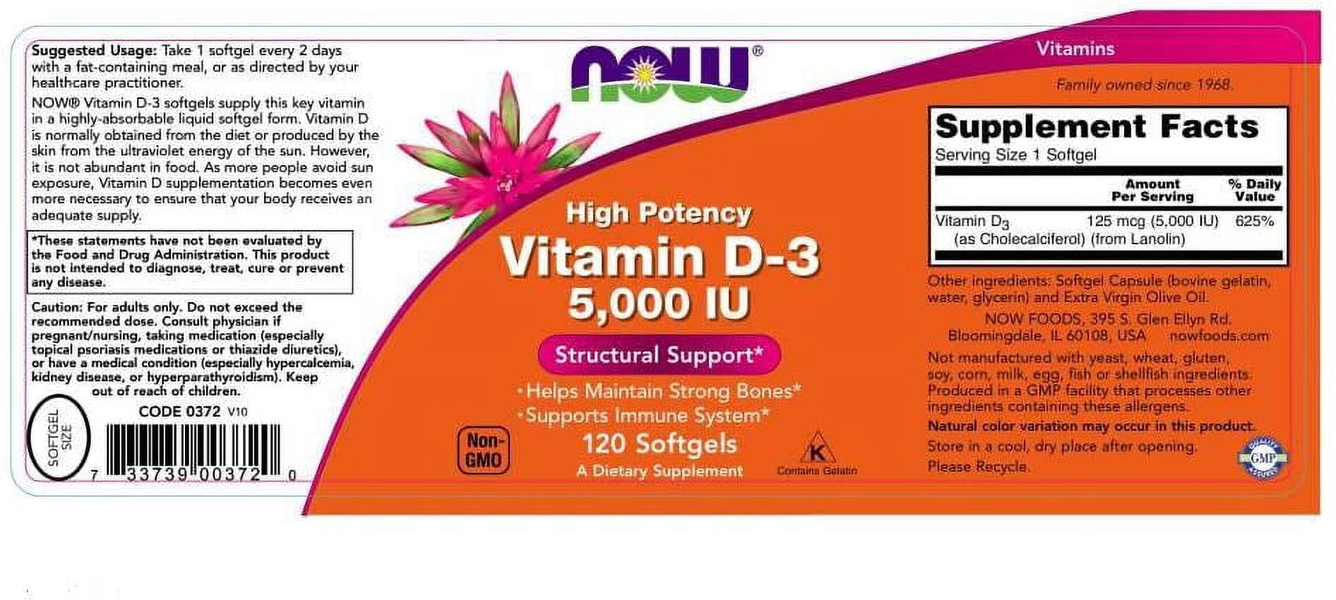 NOW Supplements, Vitamin D-3 5,000 IU, High Potency, Structural Support*, 120 Softgels -3 Packs