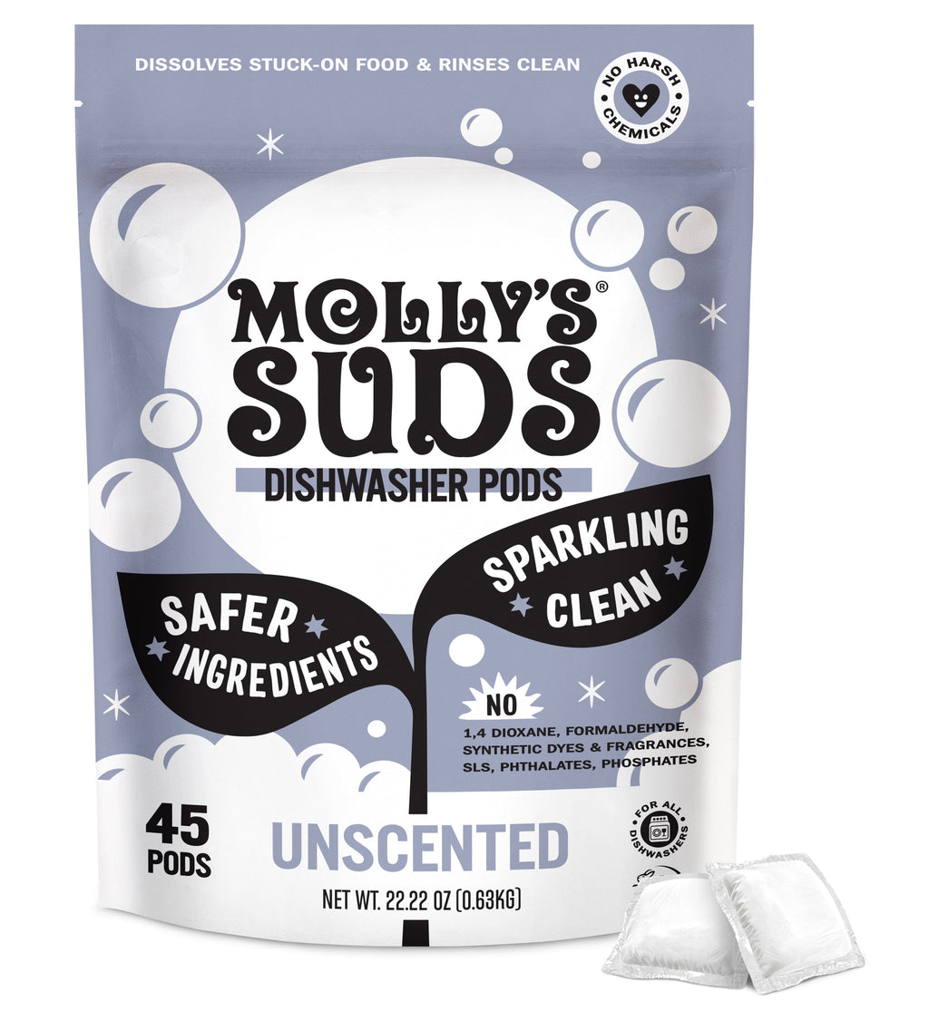(2 pack) Molly's Suds Dishwasher Pods, Natural Dishwasher Detergent, Cuts Grease &amp; Rinses Clean (Residue-Free) for Sparkling Dishes, 45 Auto-Release Tabs (Unscented)