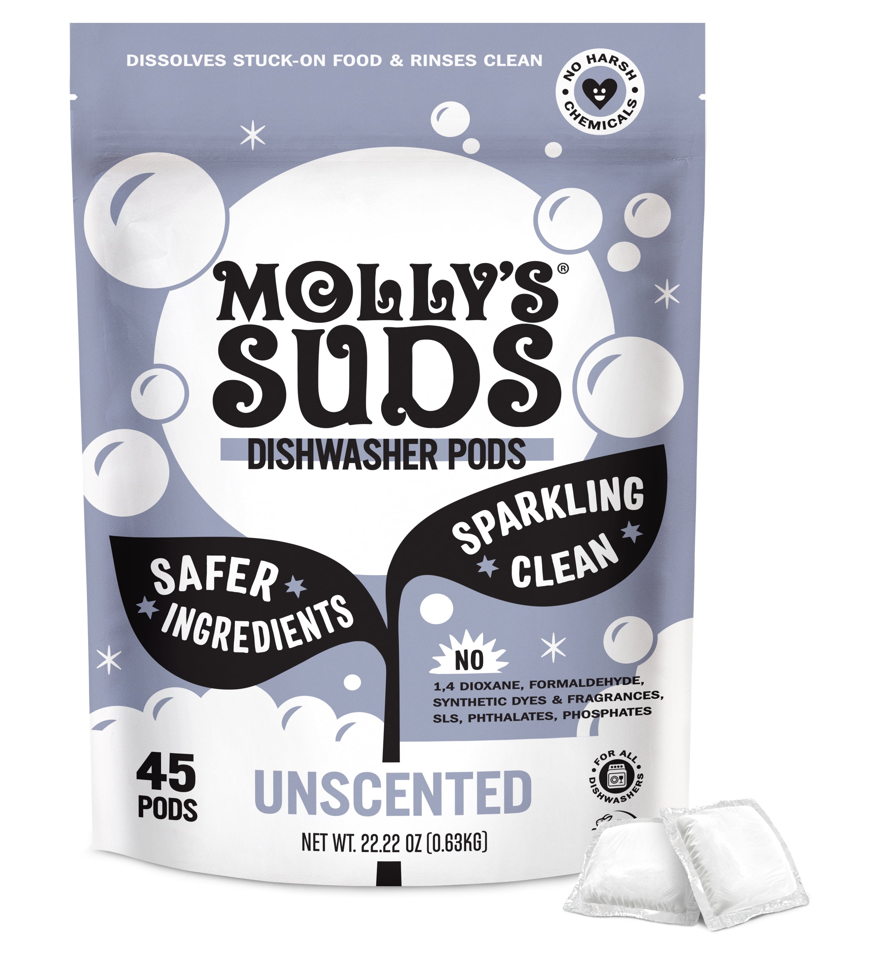 (2 pack) Molly's Suds Dishwasher Pods, Natural Dishwasher Detergent, Cuts Grease &amp; Rinses Clean (Residue-Free) for Sparkling Dishes, 45 Auto-Release Tabs (Unscented)