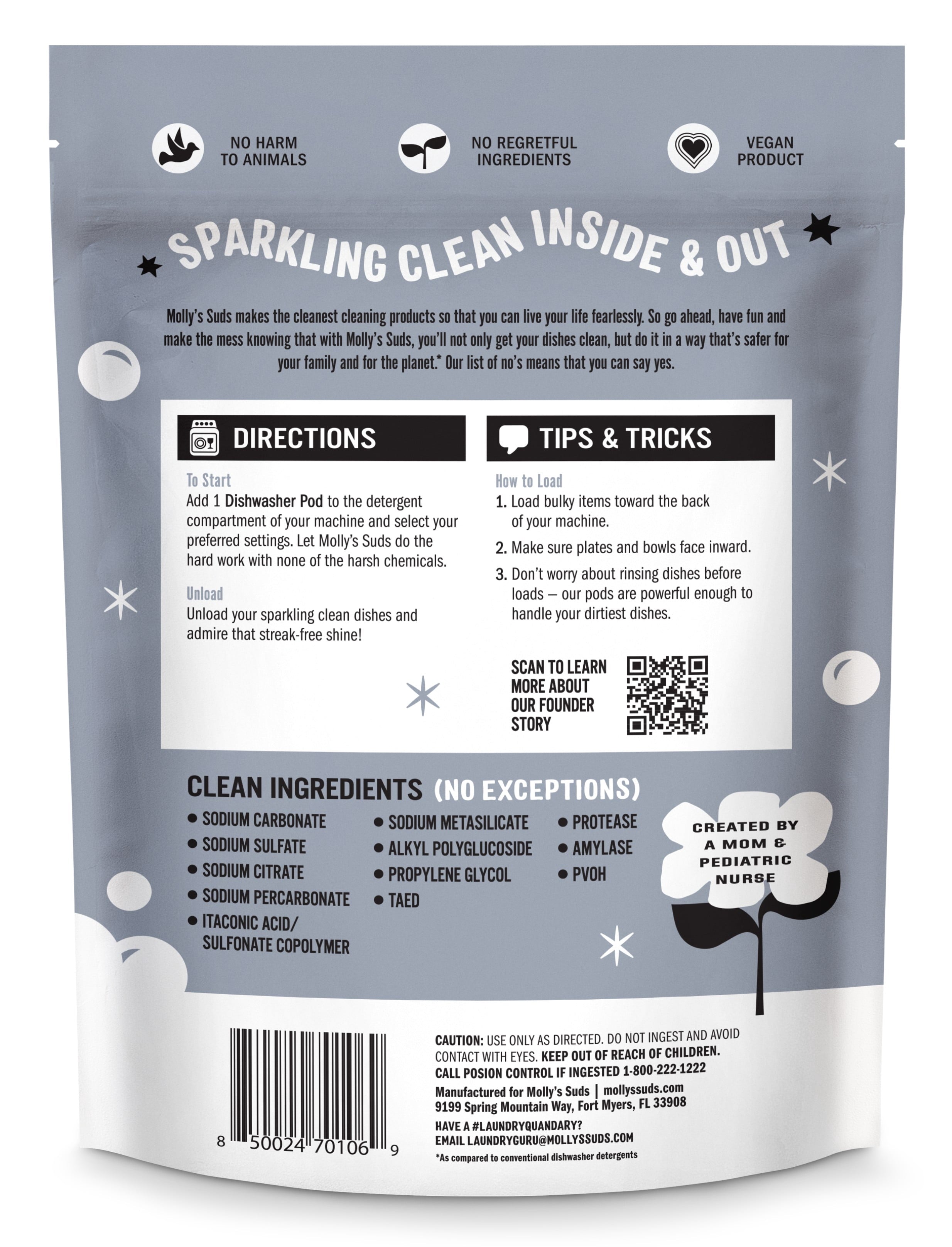 (2 pack) Molly's Suds Dishwasher Pods, Natural Dishwasher Detergent, Cuts Grease &amp; Rinses Clean (Residue-Free) for Sparkling Dishes, 45 Auto-Release Tabs (Unscented)