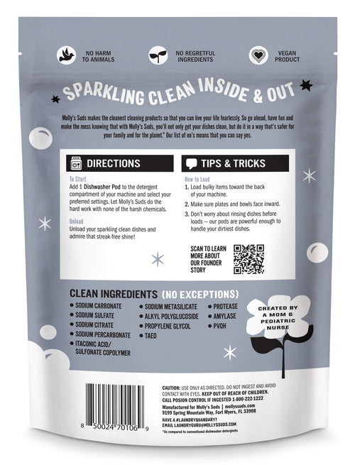 (2 pack) Molly's Suds Dishwasher Pods, Natural Dishwasher Detergent, Cuts Grease &amp; Rinses Clean (Residue-Free) for Sparkling Dishes, 45 Auto-Release Tabs (Unscented)