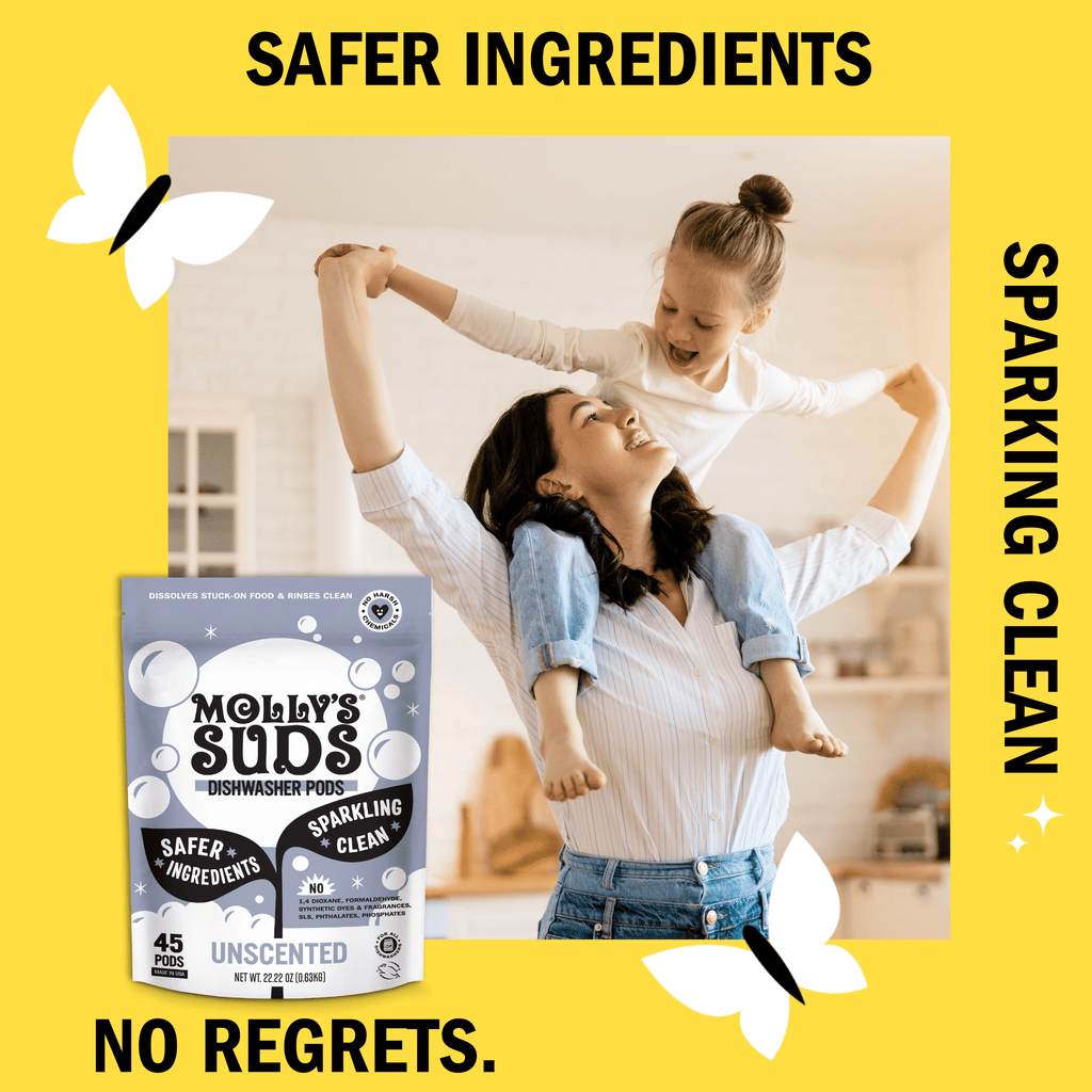 (2 pack) Molly's Suds Dishwasher Pods, Natural Dishwasher Detergent, Cuts Grease &amp; Rinses Clean (Residue-Free) for Sparkling Dishes, 45 Auto-Release Tabs (Unscented)