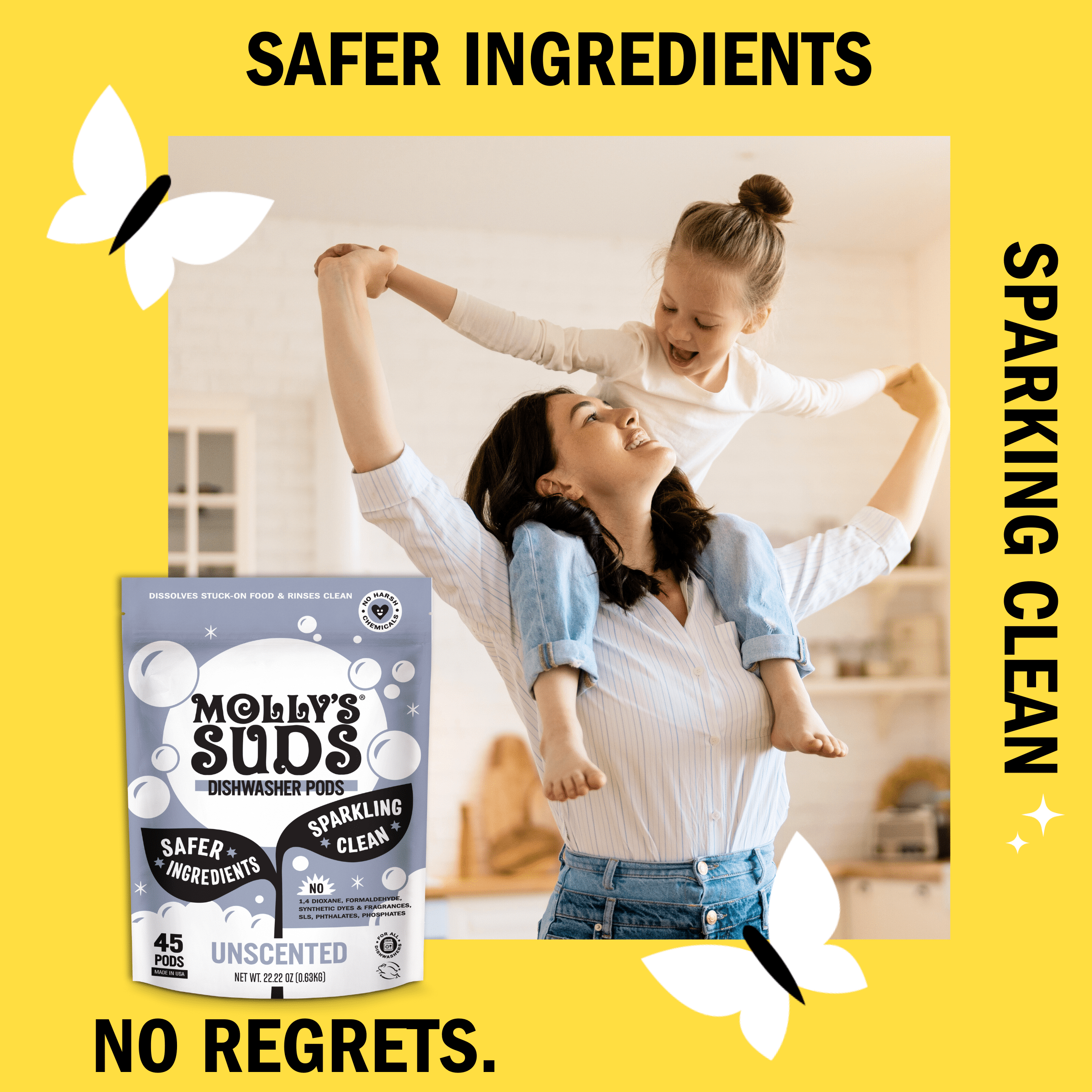 (2 pack) Molly's Suds Dishwasher Pods, Natural Dishwasher Detergent, Cuts Grease &amp; Rinses Clean (Residue-Free) for Sparkling Dishes, 45 Auto-Release Tabs (Unscented)