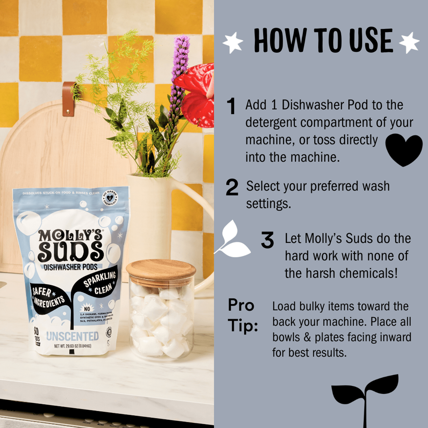 (2 pack) Molly's Suds Dishwasher Pods, Natural Dishwasher Detergent, Cuts Grease &amp; Rinses Clean (Residue-Free) for Sparkling Dishes, 45 Auto-Release Tabs (Unscented)