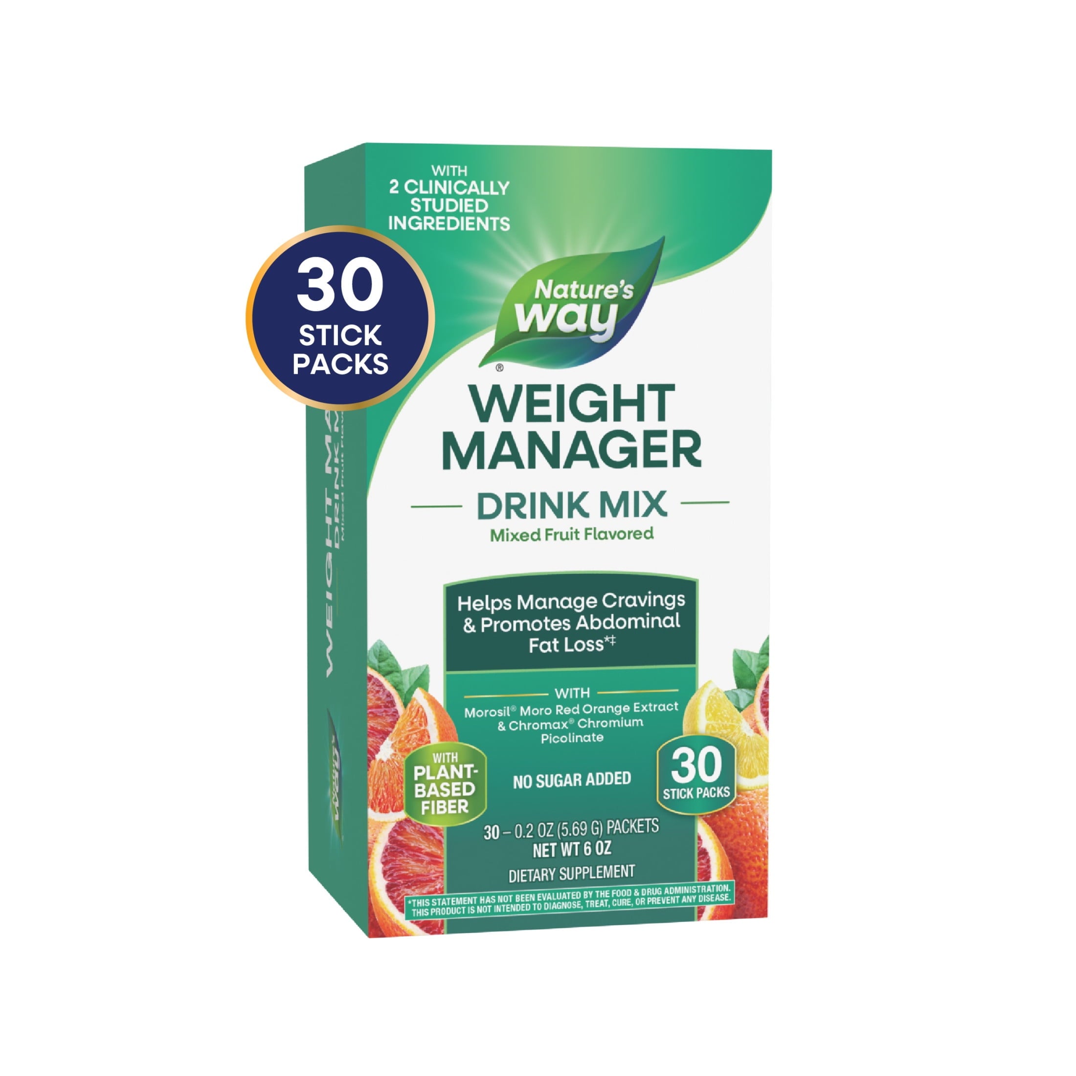 Nature's Way Weight Manager Drink Mix Packs, Plant-Based Fiber, Mixed Fruit Flavored, Unisex, 30ct