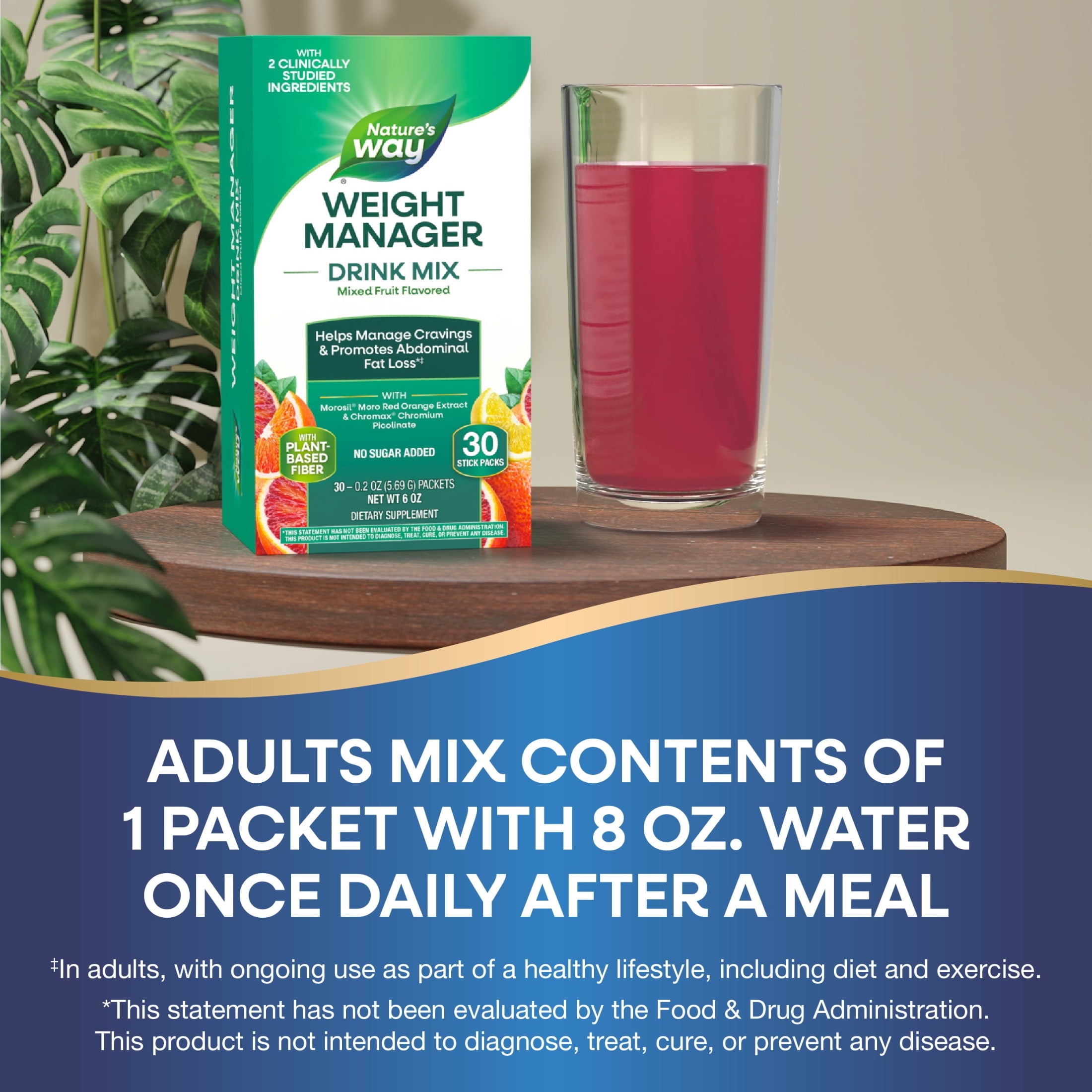 Nature's Way Weight Manager Drink Mix Packs, Plant-Based Fiber, Mixed Fruit Flavored, Unisex, 30ct